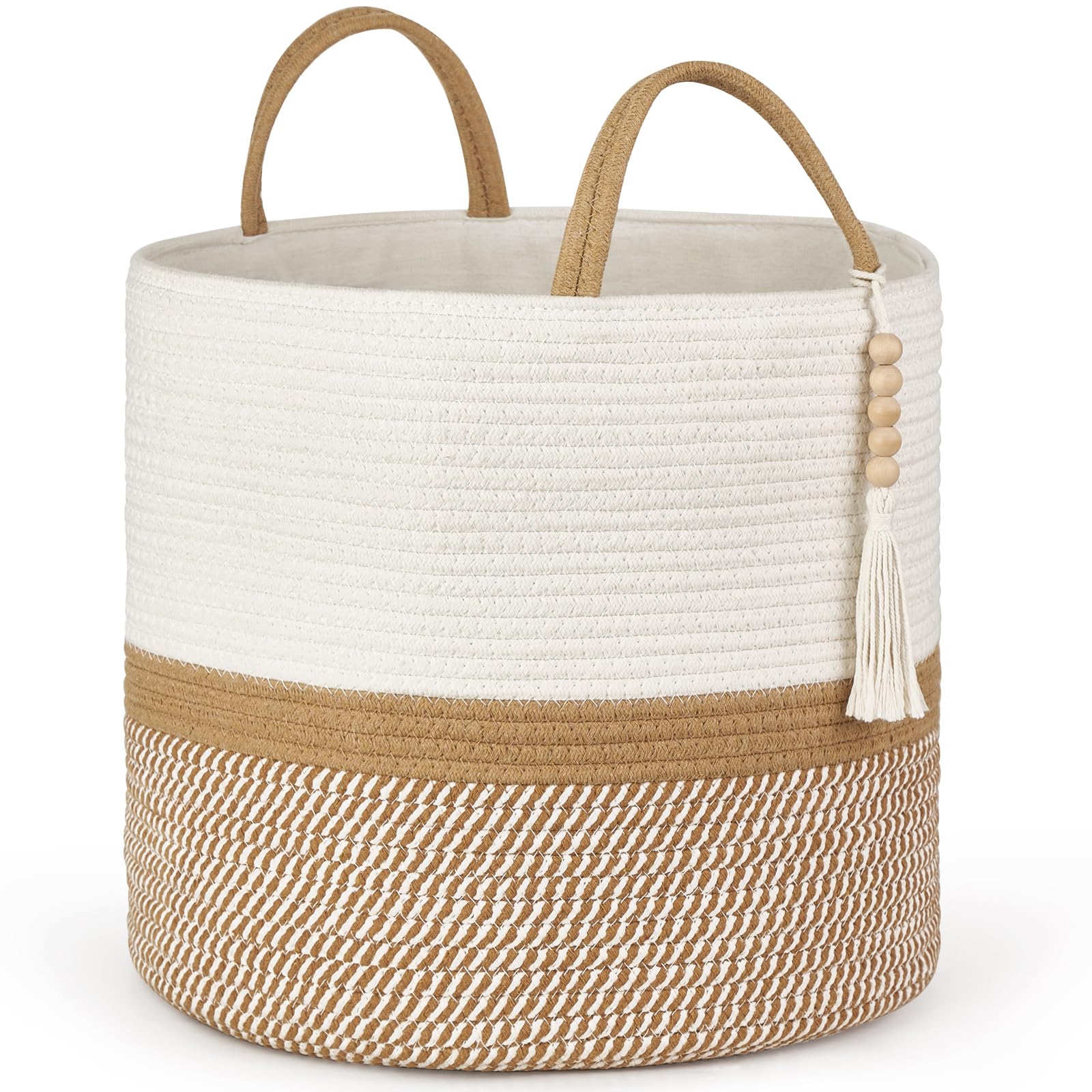 Mkono Woven Storage Basket Decorative Natural Rope Basket Wooden Bead Decoration for Blankets,Toys,Clothes,Shoes,Plant Organizer Bin with Handles Living Room Home Decor, 16"W×13.8"L, White and Brown — image 1