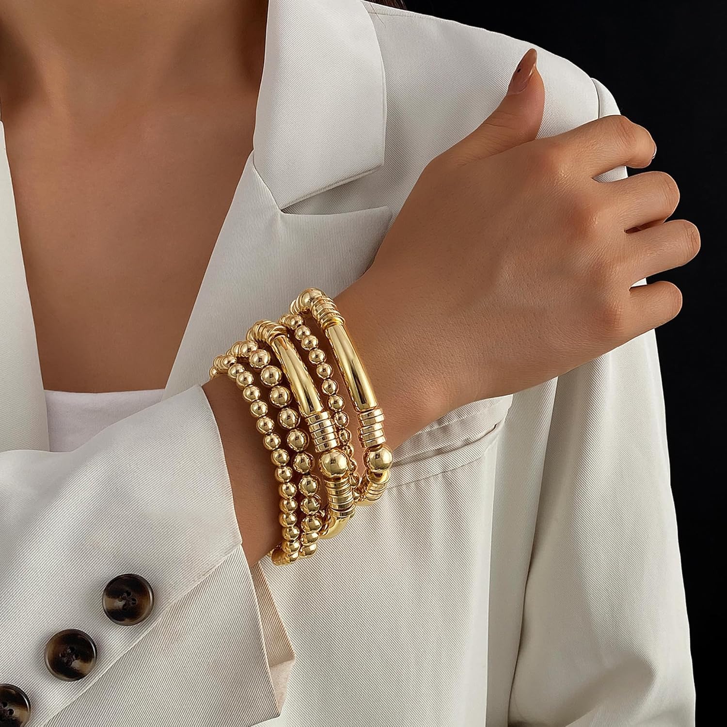 Gold Silver Bracelets for Women Beaded Strand Bead Ball Bracelets stack Adjustable Bracelets Set - Image 4