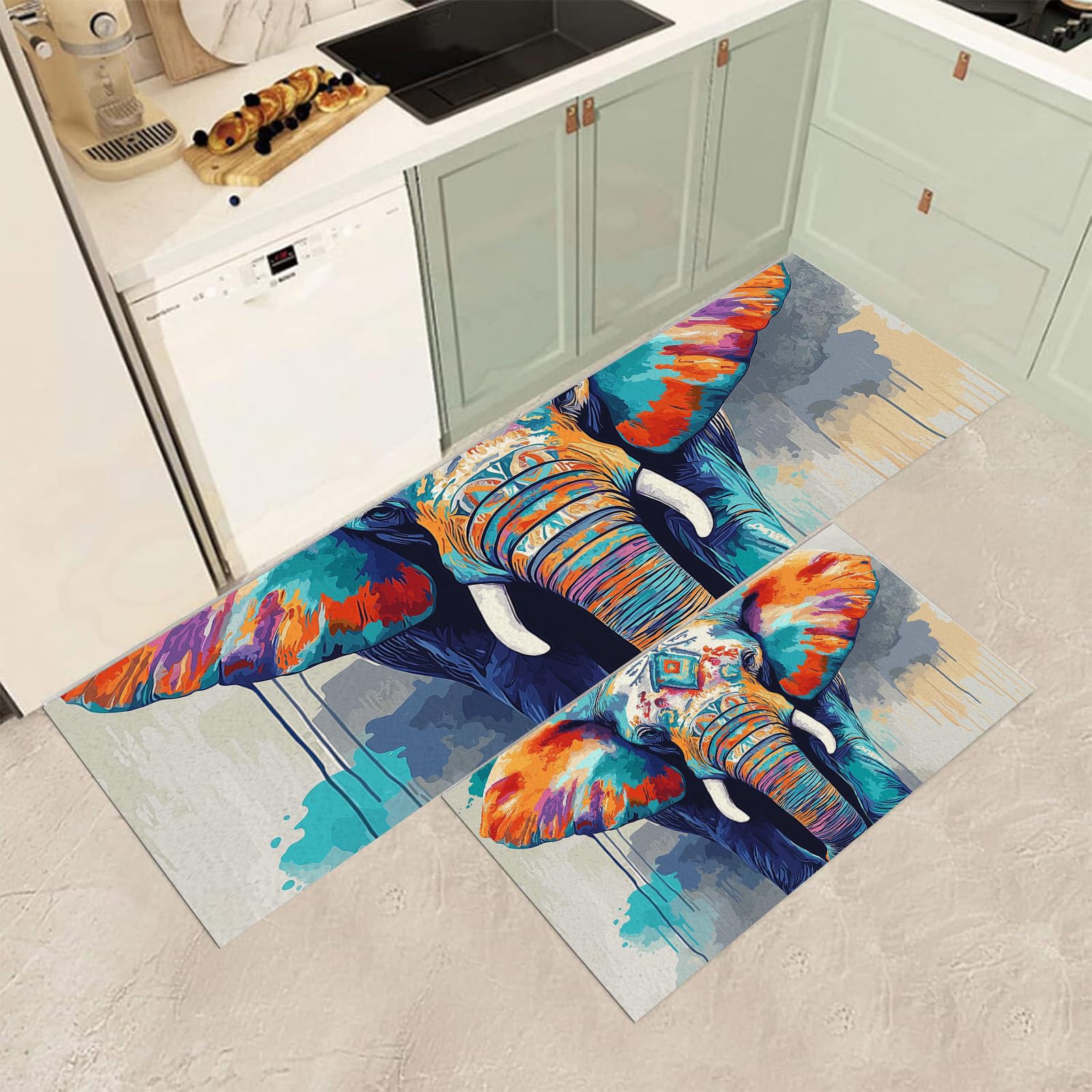 Tapis de cuisine design éléphant lot de 2 pour décoration de maison