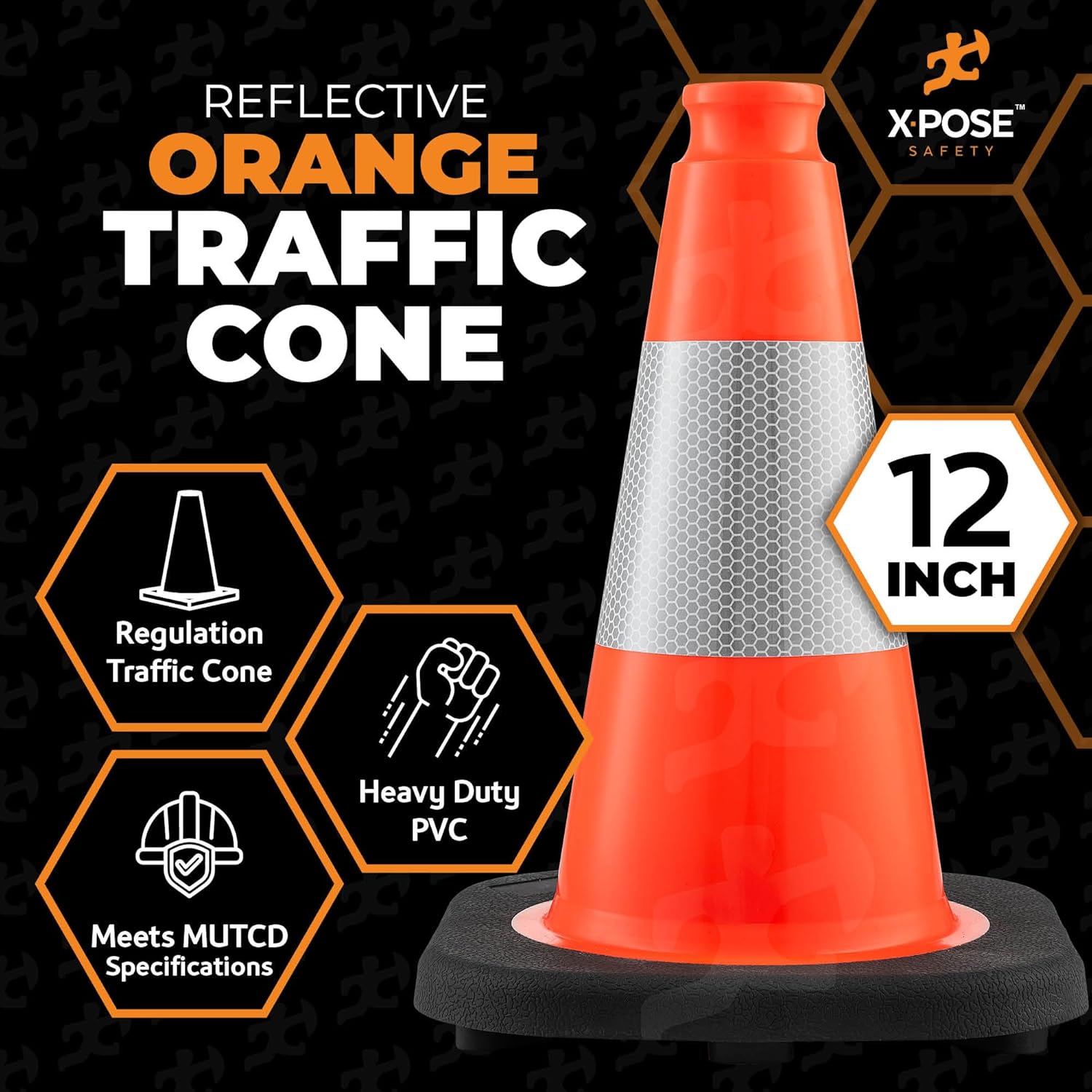 Xpose Safety 12 Inch Orange Traffic Cones with 4" Collar - 12 Pack Multipurpose PVC Plastic Safety Cone for Parking, Soccer, Caution, Kids and Construction - DOT Approved