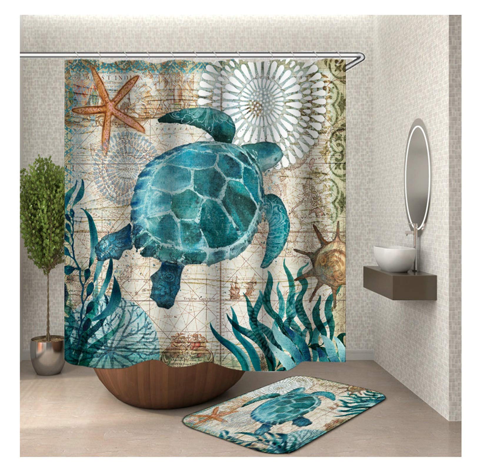 Tapis salle de bain et rideau de douche tortue 150x200cm pour un ensemble complet et assorti