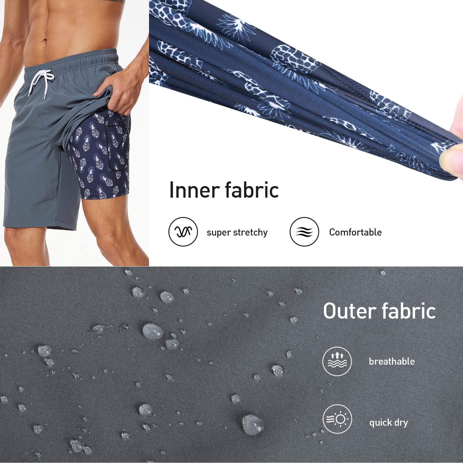 Arcweg Homme Short de Bain à séchage Rapide 2 en 1 Long Short de Bain avec Doublure de Compression Surf Short de Plage Extensible avec Poches à glissière S-XXL