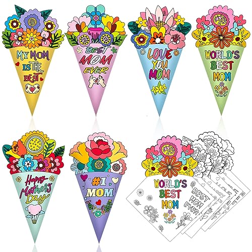 HOWAF 12pcs Mother's Day Crafts Flower Cards Color Your Own