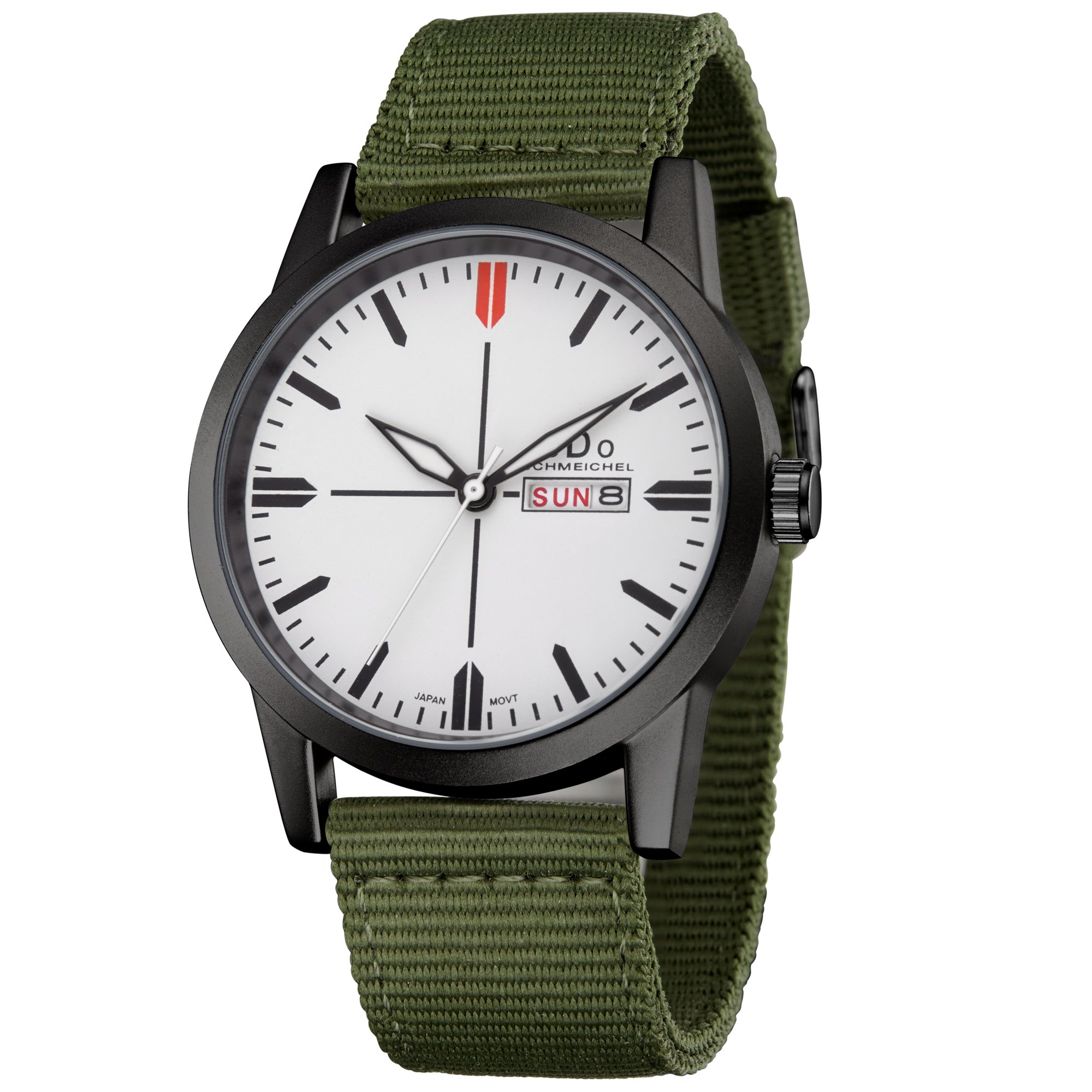 Men‘s or Women’s Cool Special Forces Watch Military Inspired with Green Canvas Band Week Calendar Date Display