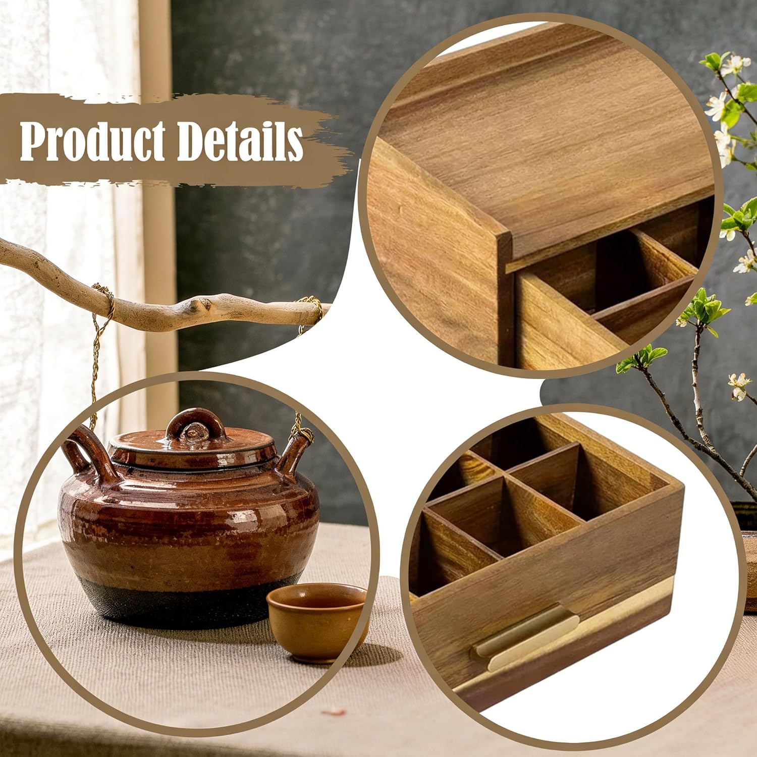 Generic Acacia Wood Tea Bag Organizer, 8 Compartment Tea Box with Drawer, Tea Organizers and Storage for Kitchen Countertop, Pantry, Office & Coffee Bar.