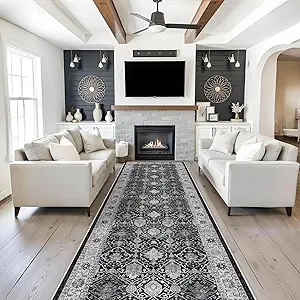 Washable 4x12 Hallway Runner Rug: Vintage Soft Carpet for Living Room Bedroom Stain Resistant Area Rug with Non-Slip Backing for Entryway Kitchen Thin Floor Mat for Bathroom Dining Room(Black,4x12)