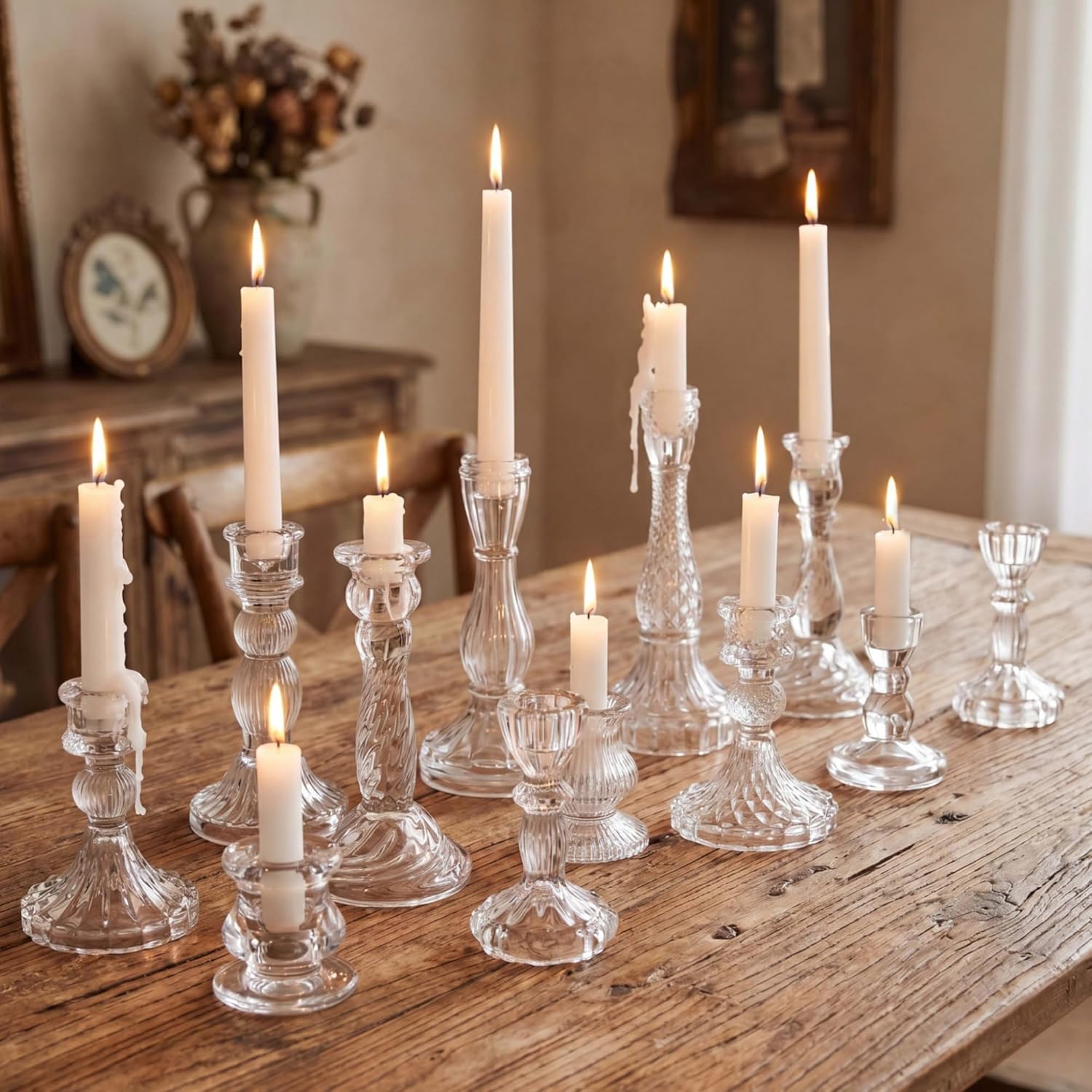 Mumufy 12 Pcs Glass Crystal Taper Candle Holders Clear Glass Candlestick Holder Fit 0.8 Inch Red Green Ribbed Taper Candlestick Holders Centerpiece Table Wedding Party