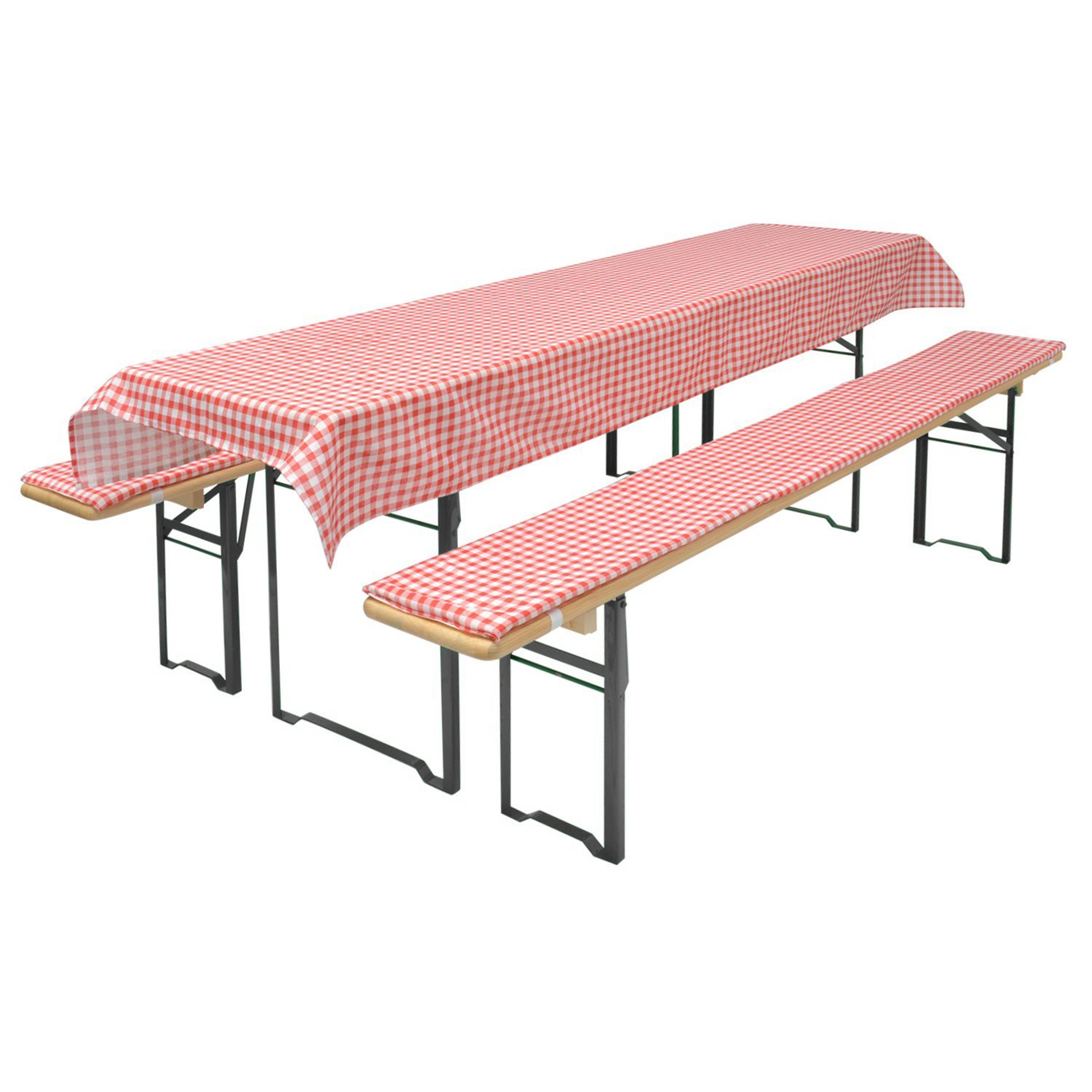 Brandsseller Auflagenset für Bierzeltgarnituren 3-teilig 2 Bankauflagen gepolstert 220x25 cm und 1 Tischdecke 240x70 cm für alle gängigen Festzeltgarnituren Bierbankauflagen Outdoor - Rot Kariert