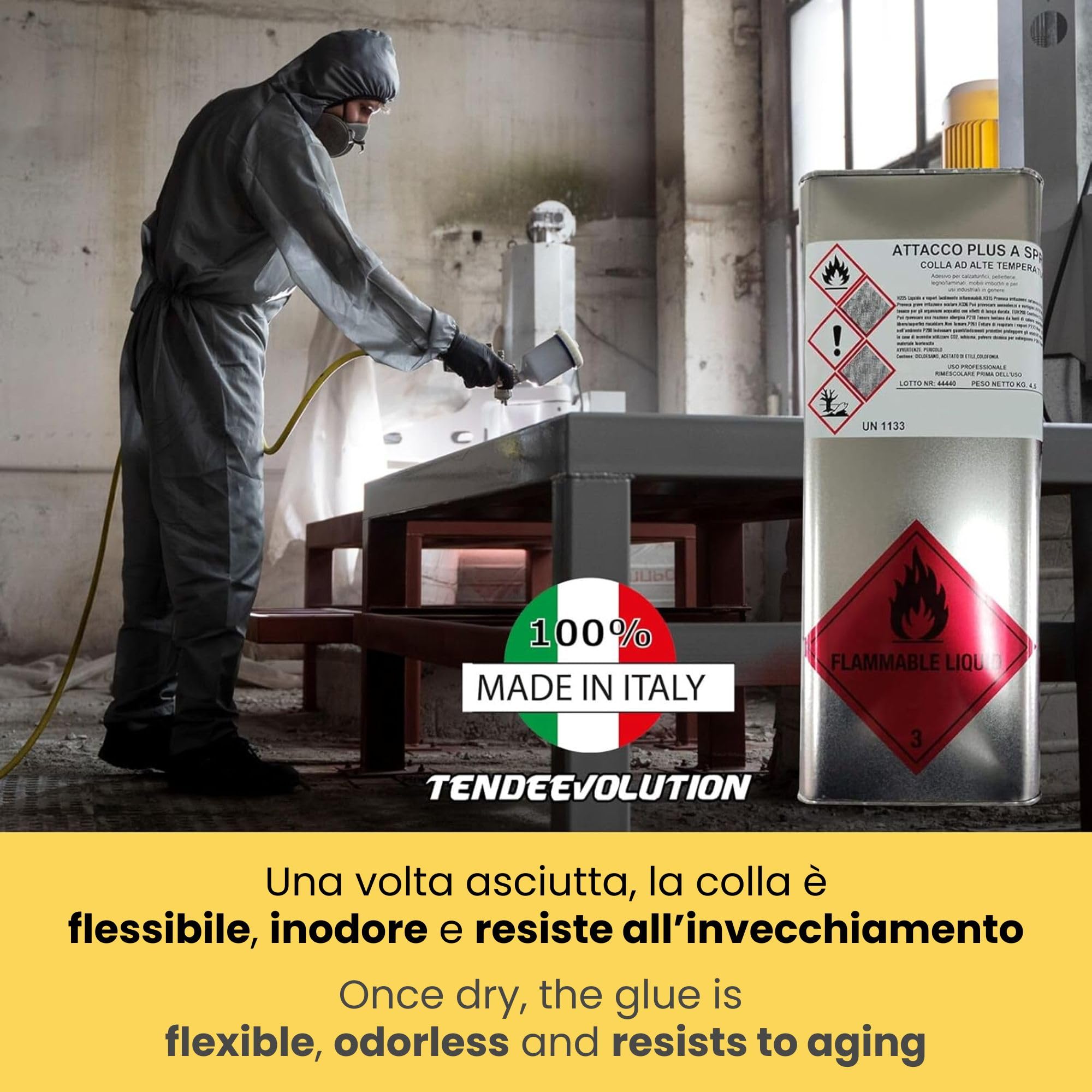 TENDEEVOLUTION Colla Extra Forte a Spruzzo o Pennello Policloroprenica da 4,5 Kg, Elastica e Resistente alle alte Temperature. Colla per Tessuti Cielo Auto, Tappezeria Auto, Stoffa, Legno e Metallo