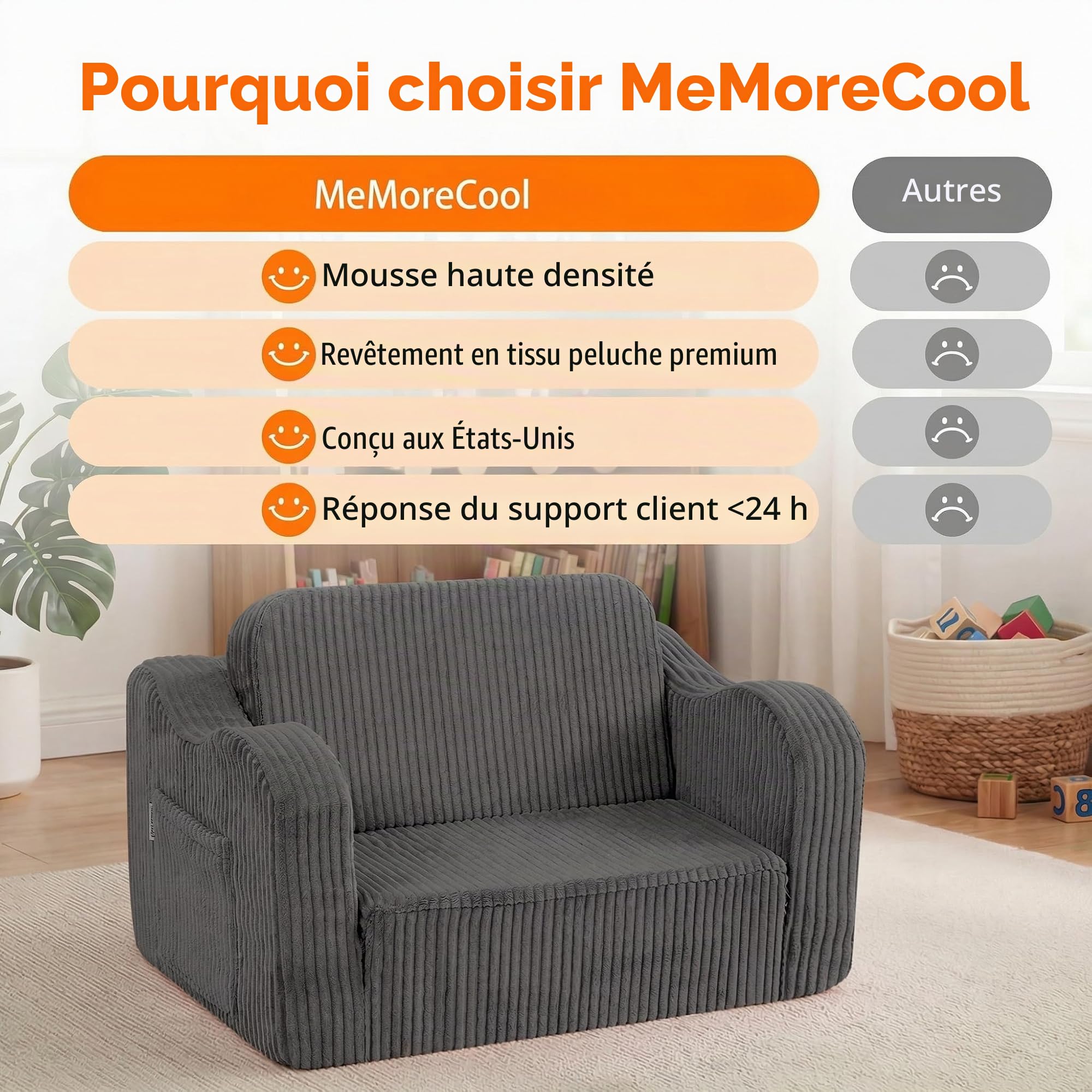 MeMoreCool Cord Canapé pour enfants, fauteuil de relaxation pour enfants, canapé lounge pour bébé, mini canapé pour coin câlin chambre d'enfant, canapé dépliable pour garçons et filles âgés de 1 à 3