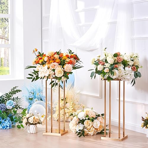 Miniatura 9 de VEVOR 4 soportes de flores de metal dorado para boda, 23.6 pulgadas de alto con laminado de metal, soportes geométricos de jarrón, estante de
