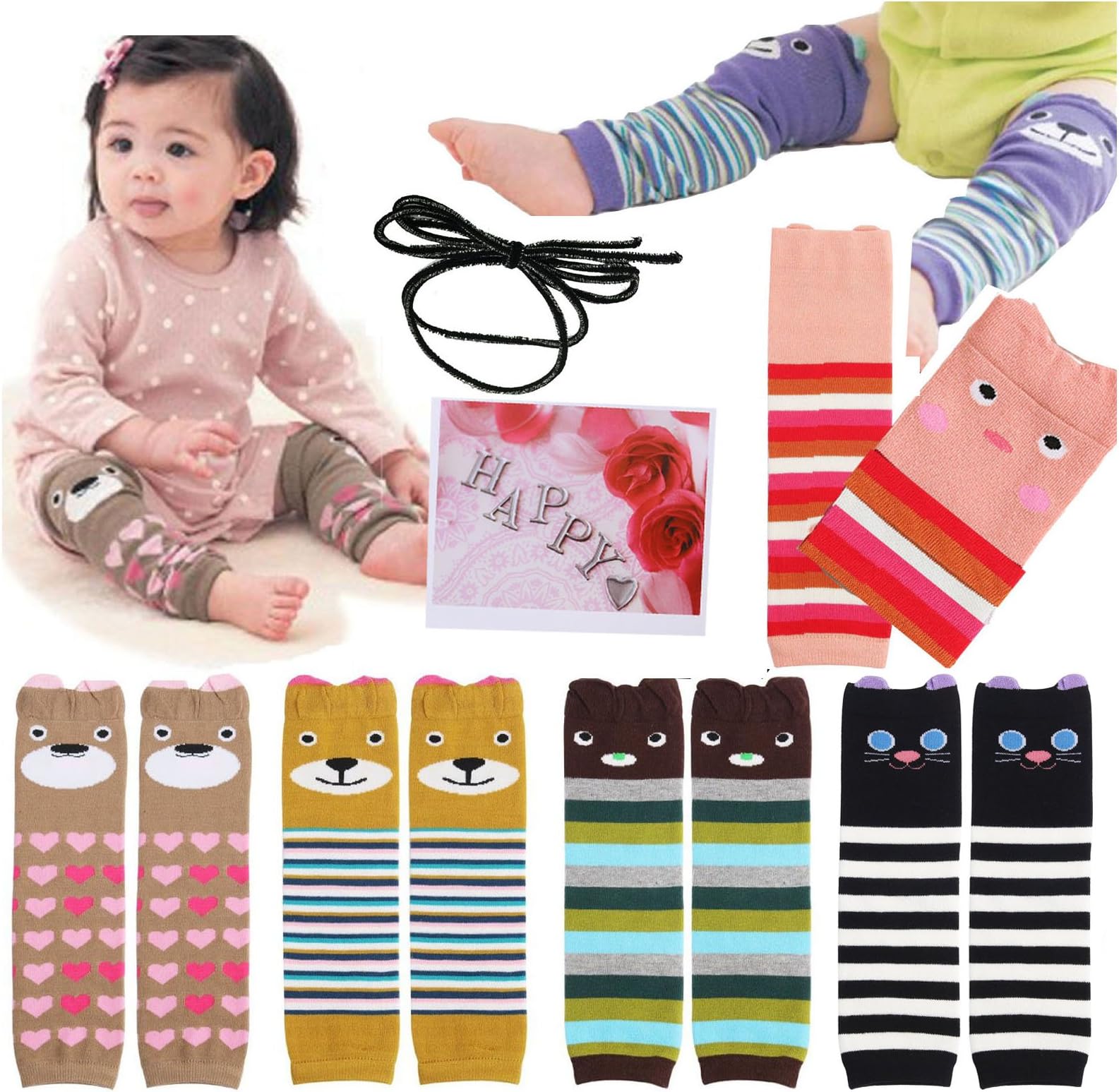 6pairs Combed Cotton Cartoon Bear Infant Toddler Leg Sleeve Warmers Socks Protector Warmer For Baby Knee Pads + Gift Card + Hair rope