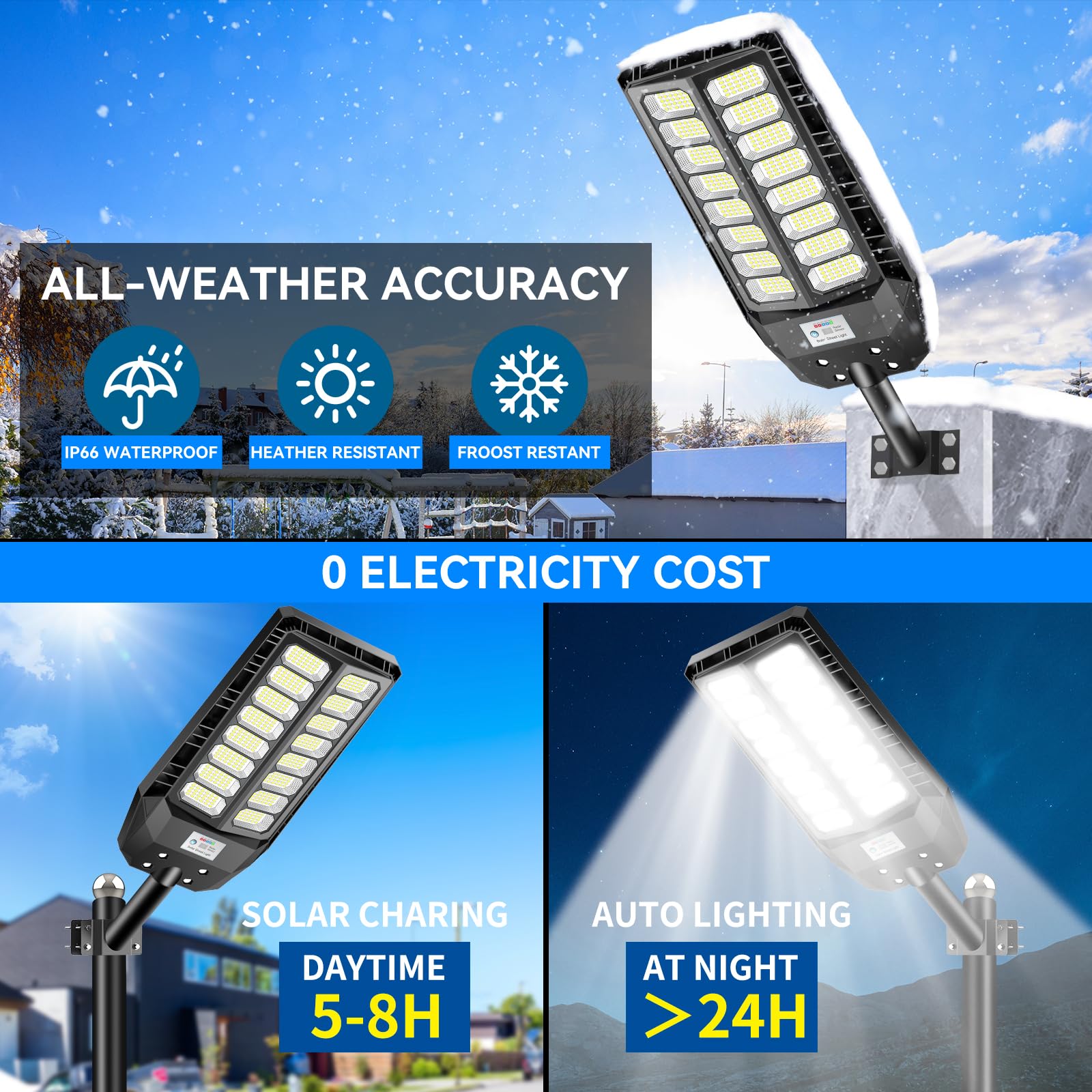 Adewalk 3000W Lampione Solare Led Esterno con Telecomando, IP66 Impermeabile Lampada Stradale Solare con Sensore di Movimento, 6500K Super Bright Lampioni da Giardino Esterno Solari per Garage Strada