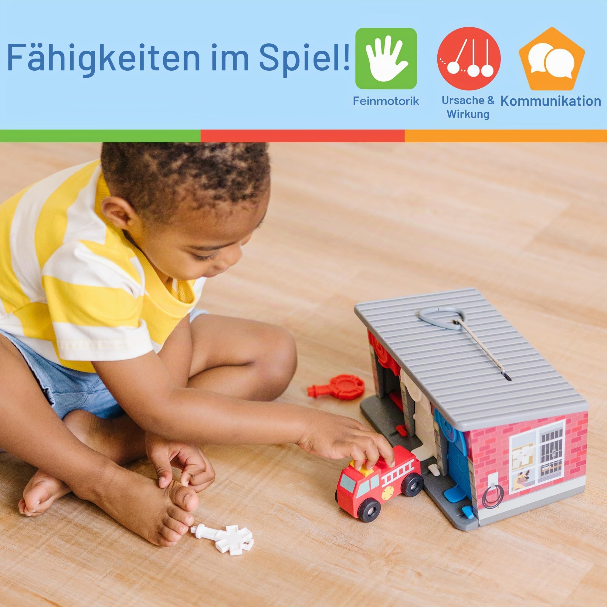 Melissa & Doug - Spielzeug Garage mit Schlüsseln und Rettungsfahrzeugen aus Holz, 7-teilig, für Kinder ab 3 Jahren