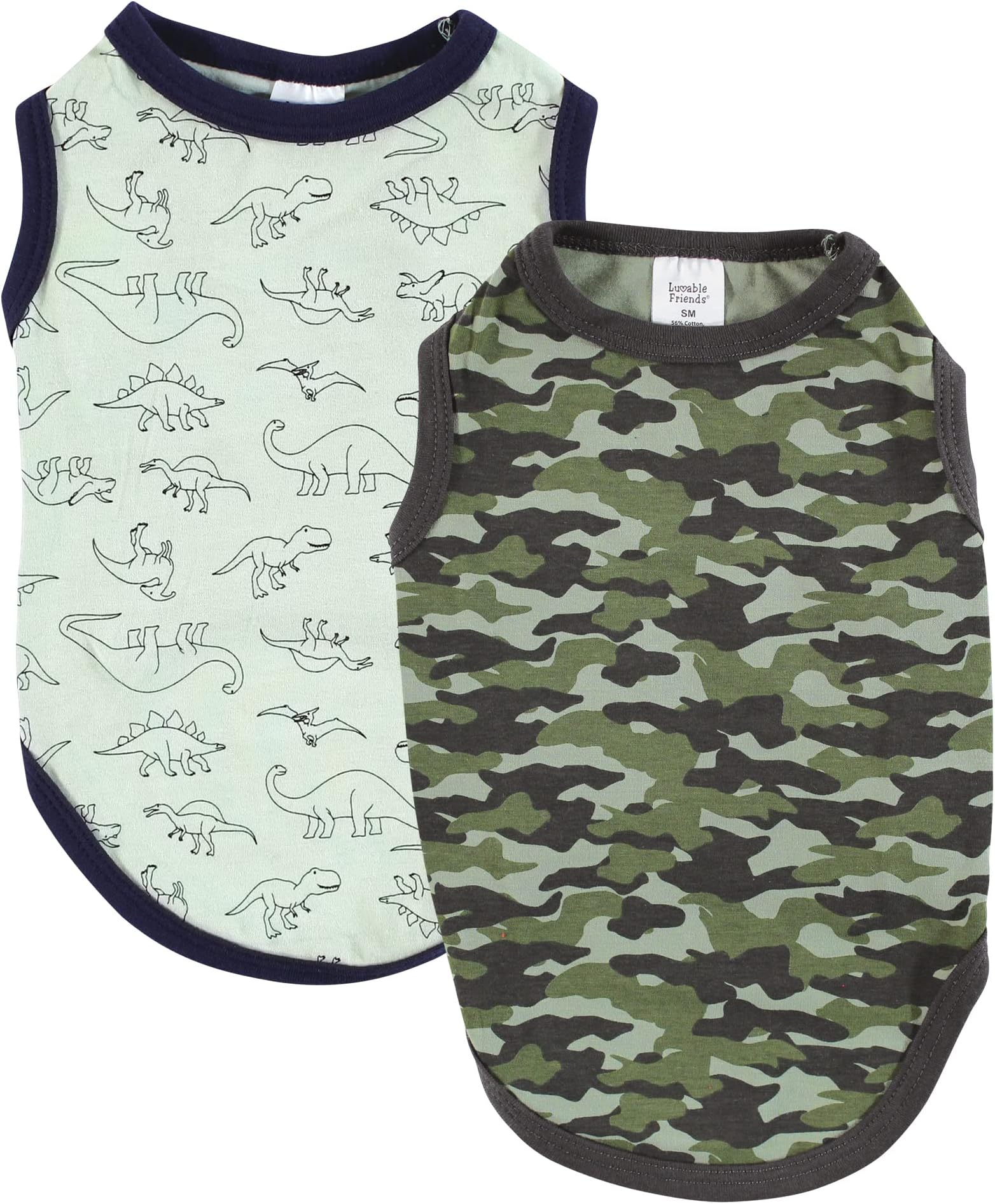 Luvable Friends Dog Pet Dog and Cats Cotton T-Shirts 2pk, Dino Camo, Medium