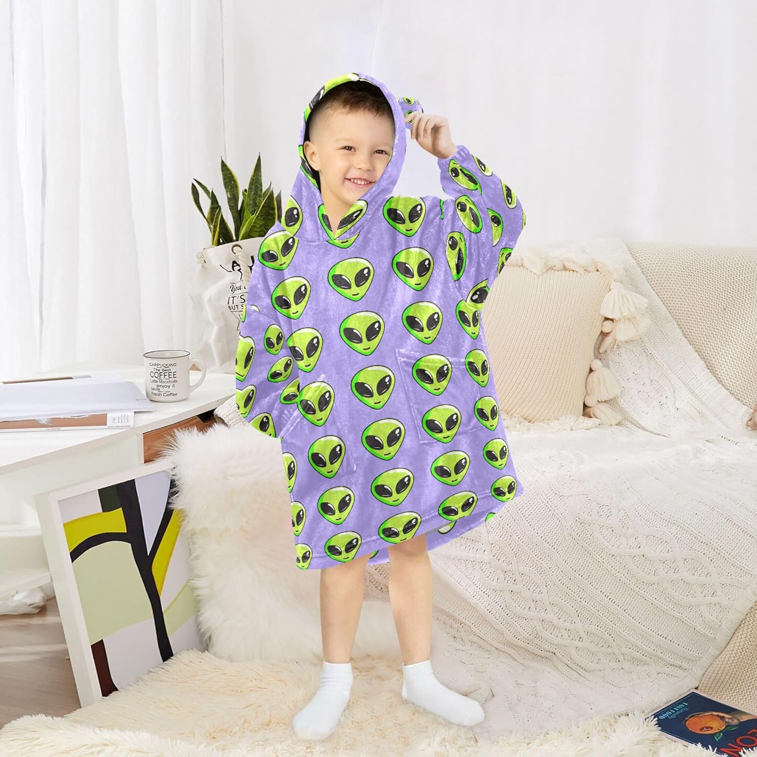 Cute Alien Ufo Kids Wearable Blanket Hoodie with Pocket and Sleeves for Toddlers, Cute Hoodies Girls Boys B0404023