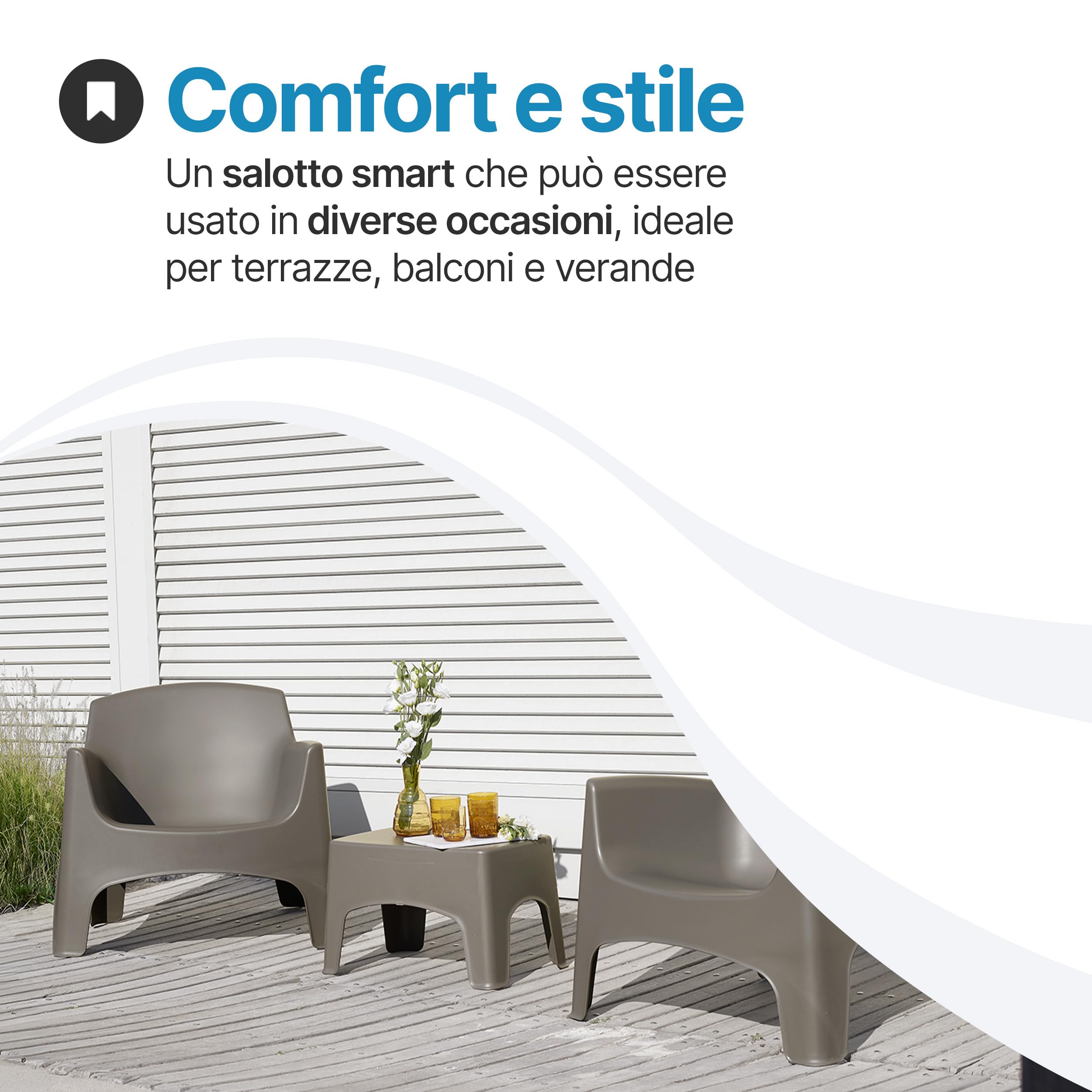 Tomaino - Salotto Da Giardino Ibiza- Set Da Giardino Esterno 2 Poltrone Impilabili Con Braccioli e Tavolino In Plastica - Salottino da Esterno Tortora