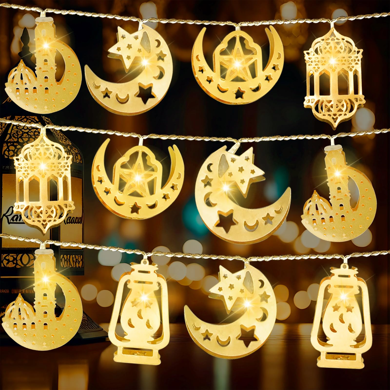 Photo 1 of Moon Star Ramadan 6.56 Feet 10 LEDs String Lights, Eid Moon Star Kerosene Lantern Lamp, Eid Mubarak Fairy Lights Decor, Battery Operated Eid Decorative Lights for Indoor Home Decor (Warm White)