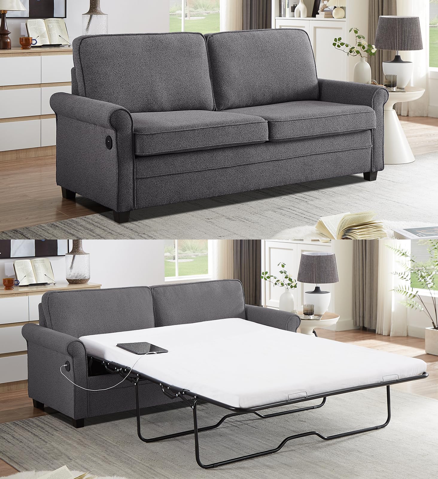 Pull Out Sofa Bed, 2-in-1 Full Size Convertible Sleeper Sofa Couch with Pull Out Bed, USB Charging Port, Hide a Mattress with Menmory Foam, Loveseat Couch for Living Room, Dark Grey