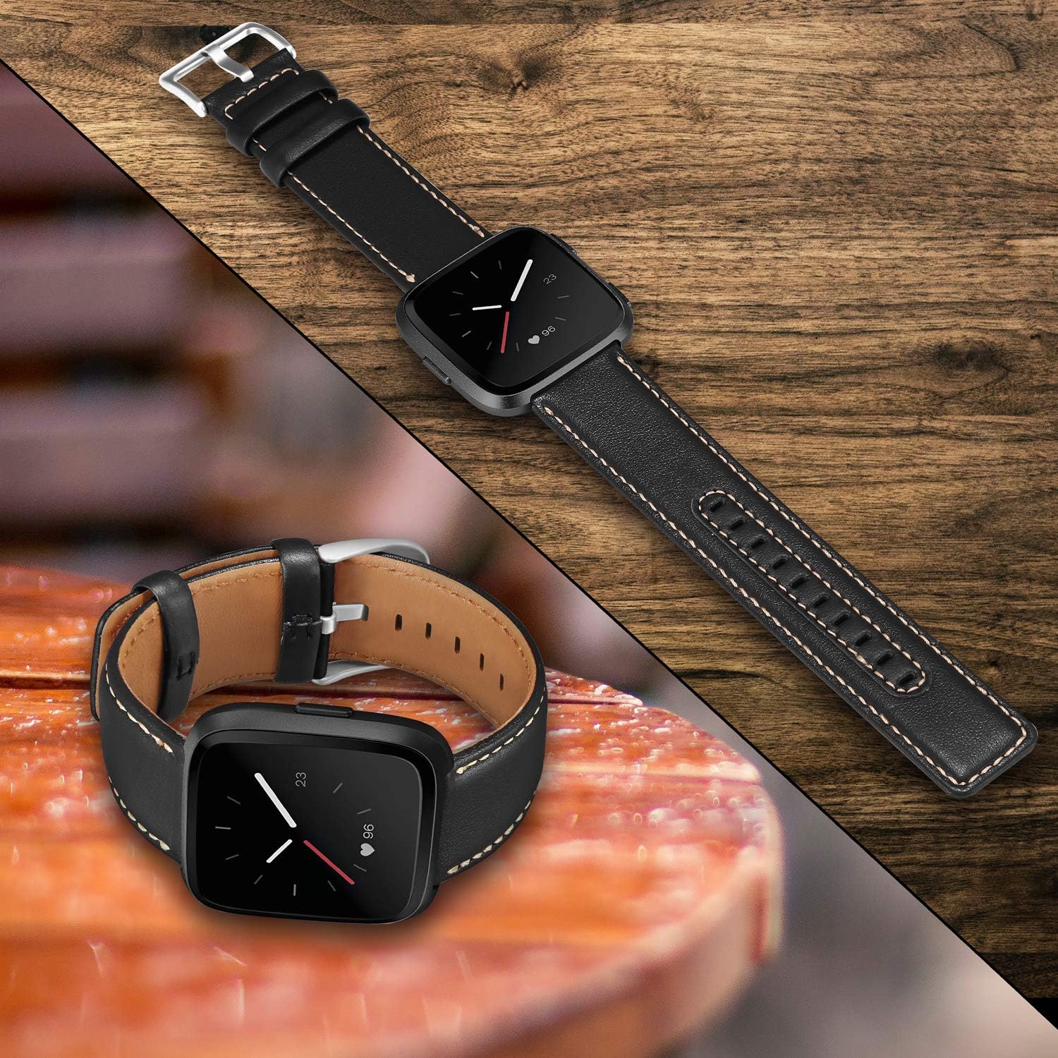 UMAXGET Leather Band Compatible with Fitbit Versa / Fitbit Versa 2/Versa Lite/Versa SE, Classic Genuine Leather Replacement Wristband for Women Men