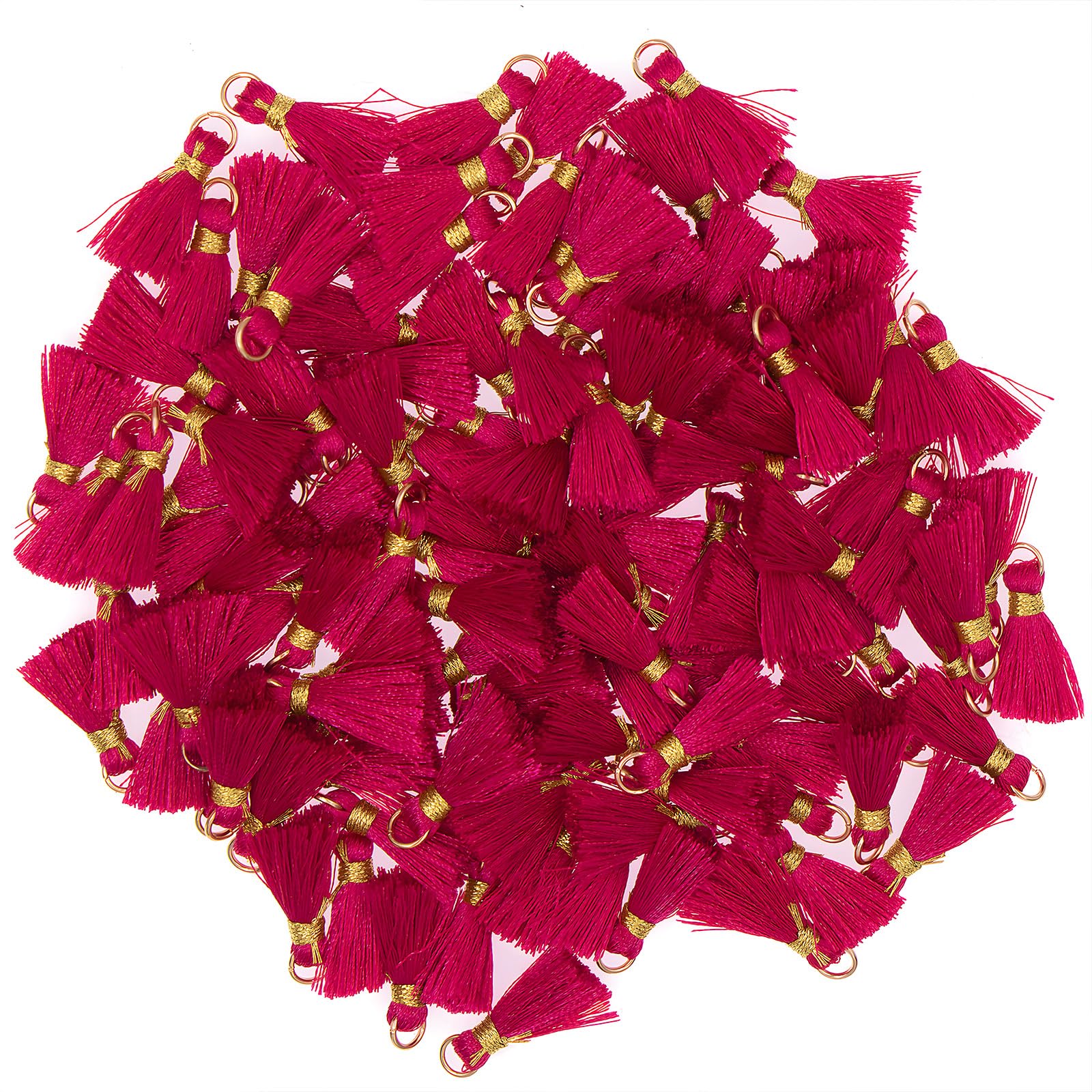 VAPKER 100Pcs 0.8Inch/2CM Mini Tassels Dark Pink Tassel Tiny Handmade Craft Tassels with Gold Jump Ring for Earring Jewelry Necklace Making Accessories DIY