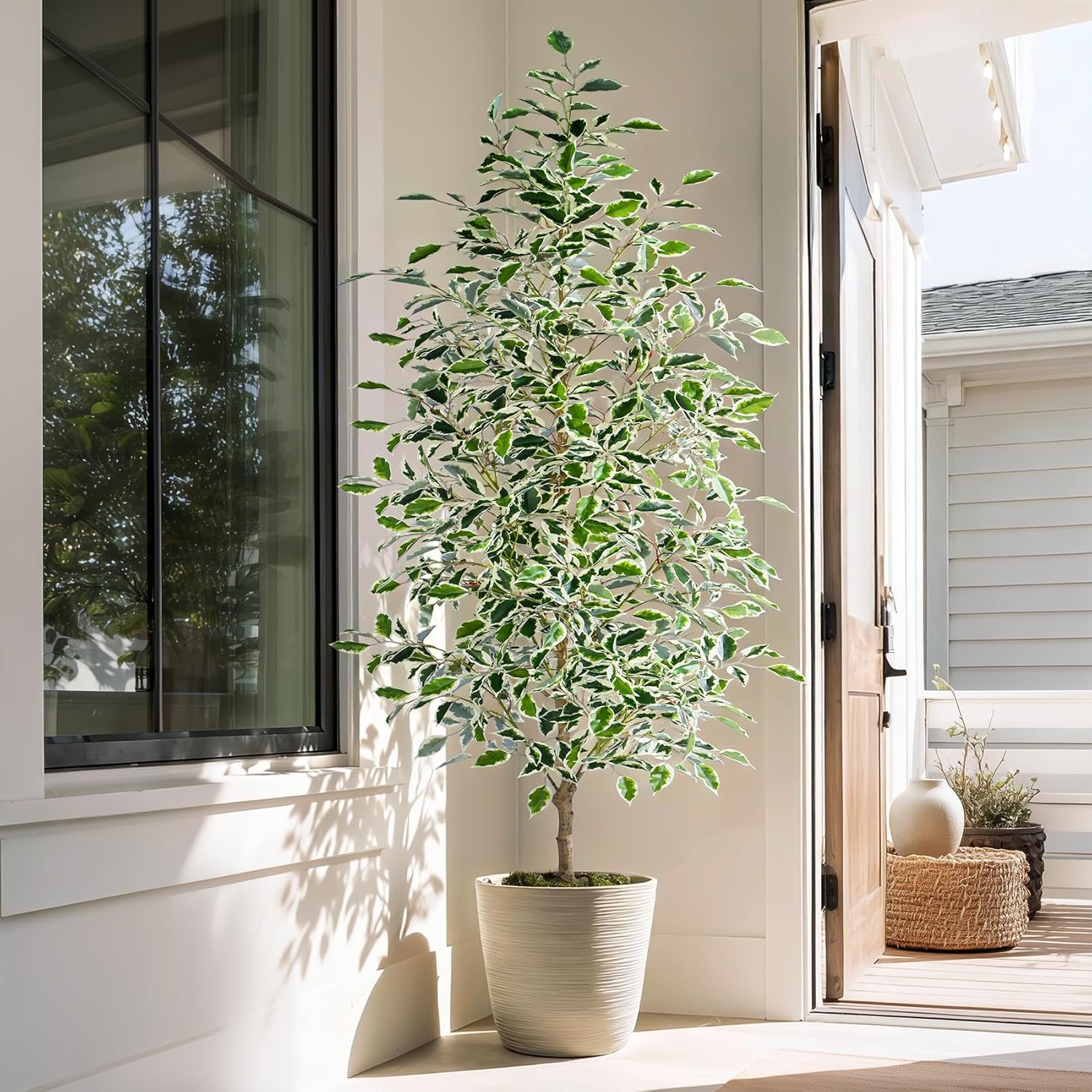 Large Artificial ficus Tree Tall Fake Pencil Trees Indoor Outdoor Realistic Floor Plant Faux Plastic Plants Flowers for House Home Living Room Bedroom Office Front Porch Modern Farmhouse Decor