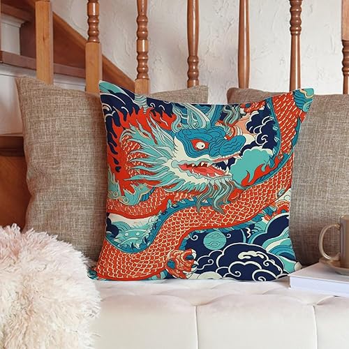 Miniatura 6 de ArogGeld Funda de cojín con diseño de dragón asiático y verde azulado, color naranja, azul marino, turquesa, chinoiserie, elegante, asiático, para
