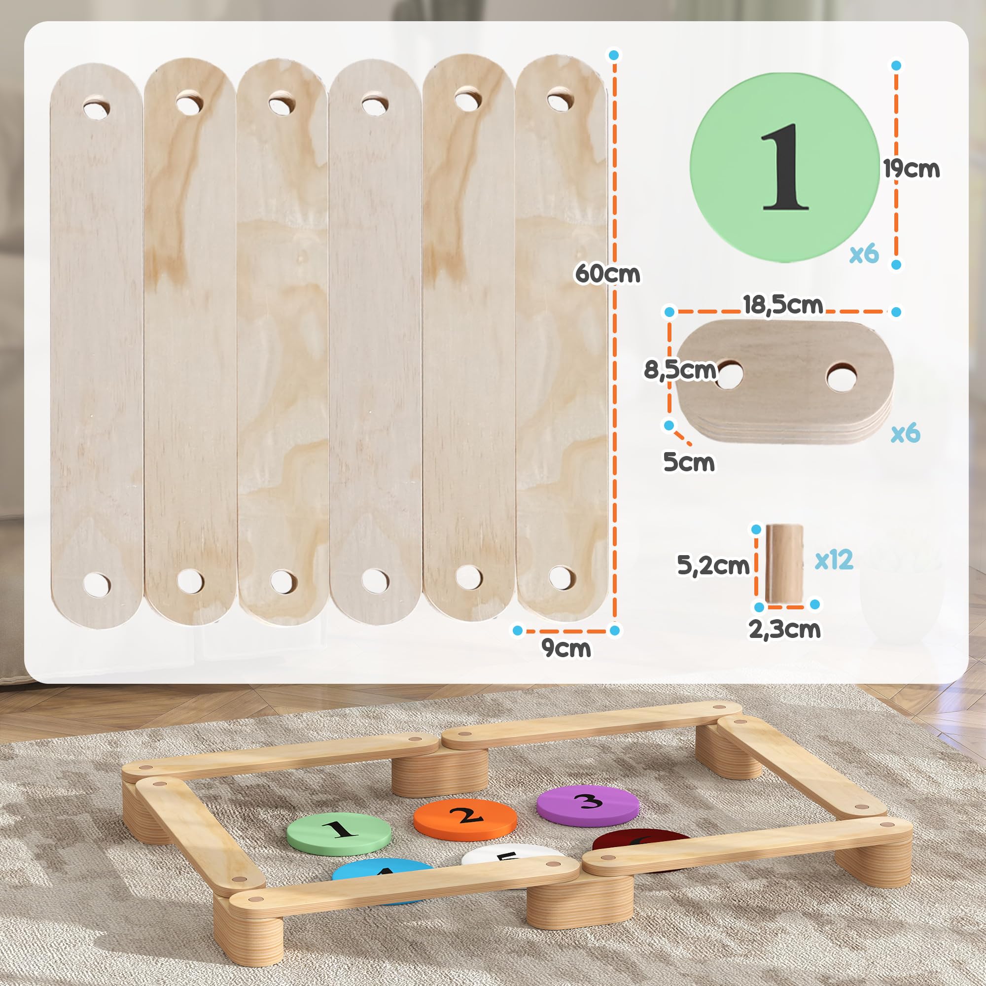 AIYAPLAY Poutre d'Équilibre pour Enfants, Modulable, Bois Massif de Pin, Parcours de Motricité, 6 Pièces pour Intérieur et Extérieur, Jouet Montessori d'Entraînement d'Équilibre, Charge 50 kg, Naturel