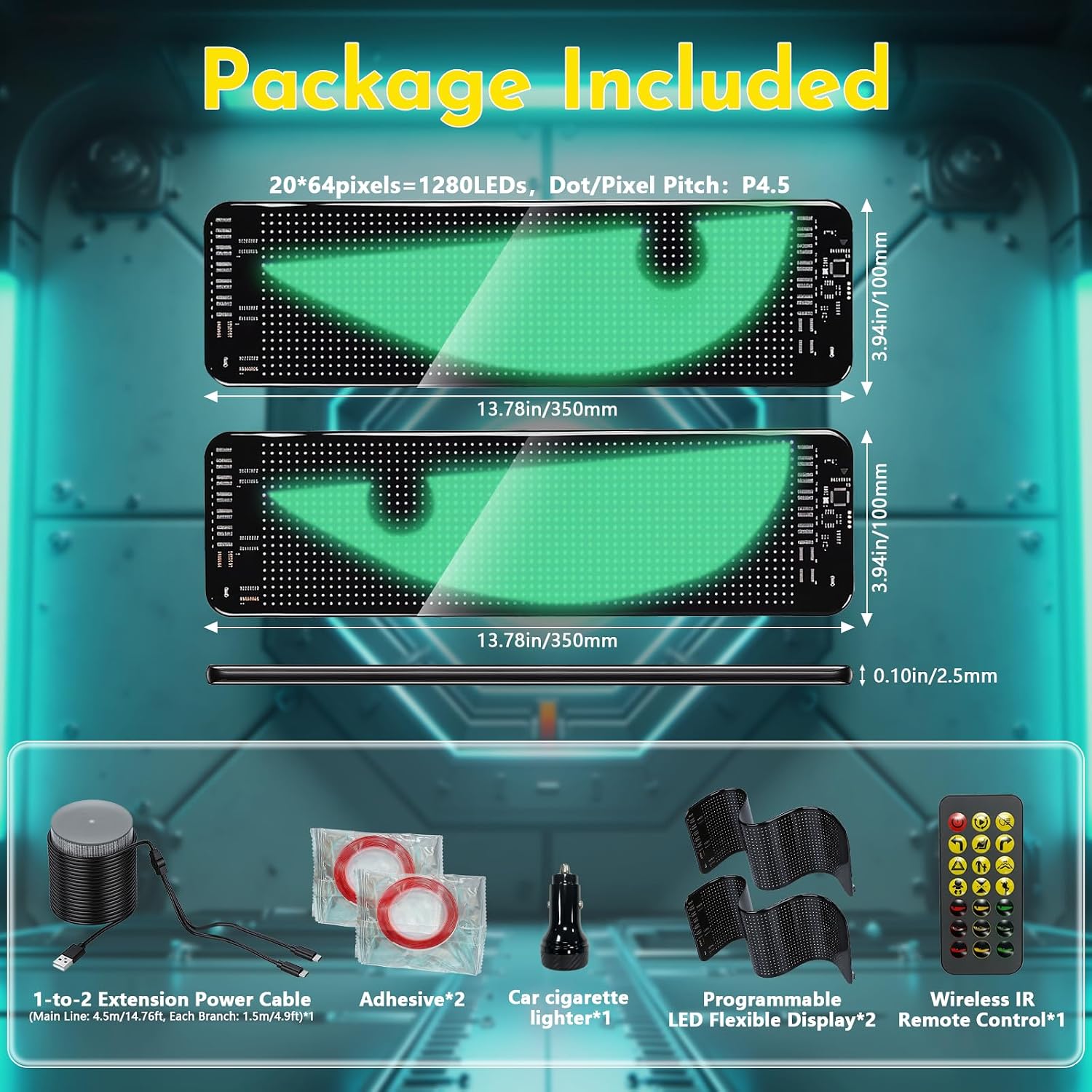 Dual LED Eyes for Car Windshield, 14.72"x3.62"Full Color Programmable Dynamic LED Sign, IP65 Waterproof Flexible Panel with APP, Remote Control & Car Charger for Sedan SUV Truck(2-Pack)