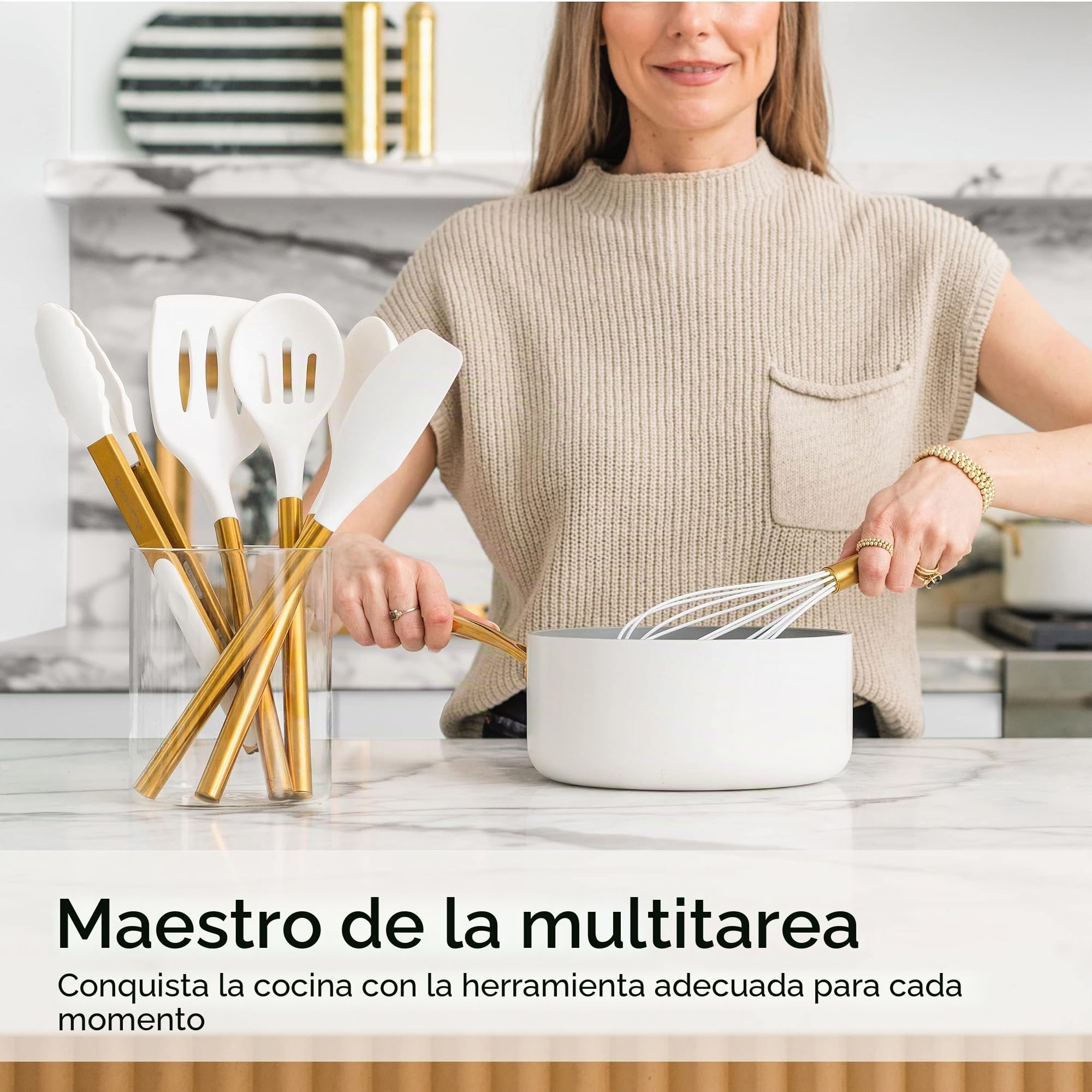 Styled Settings White and Gold - Juego de utensilios de cocina de silicona de 6 piezas con espátula, batidor, pinzas, cuchara y volteador, antiadherentes, sin BPA, accesorios de cocina dorados