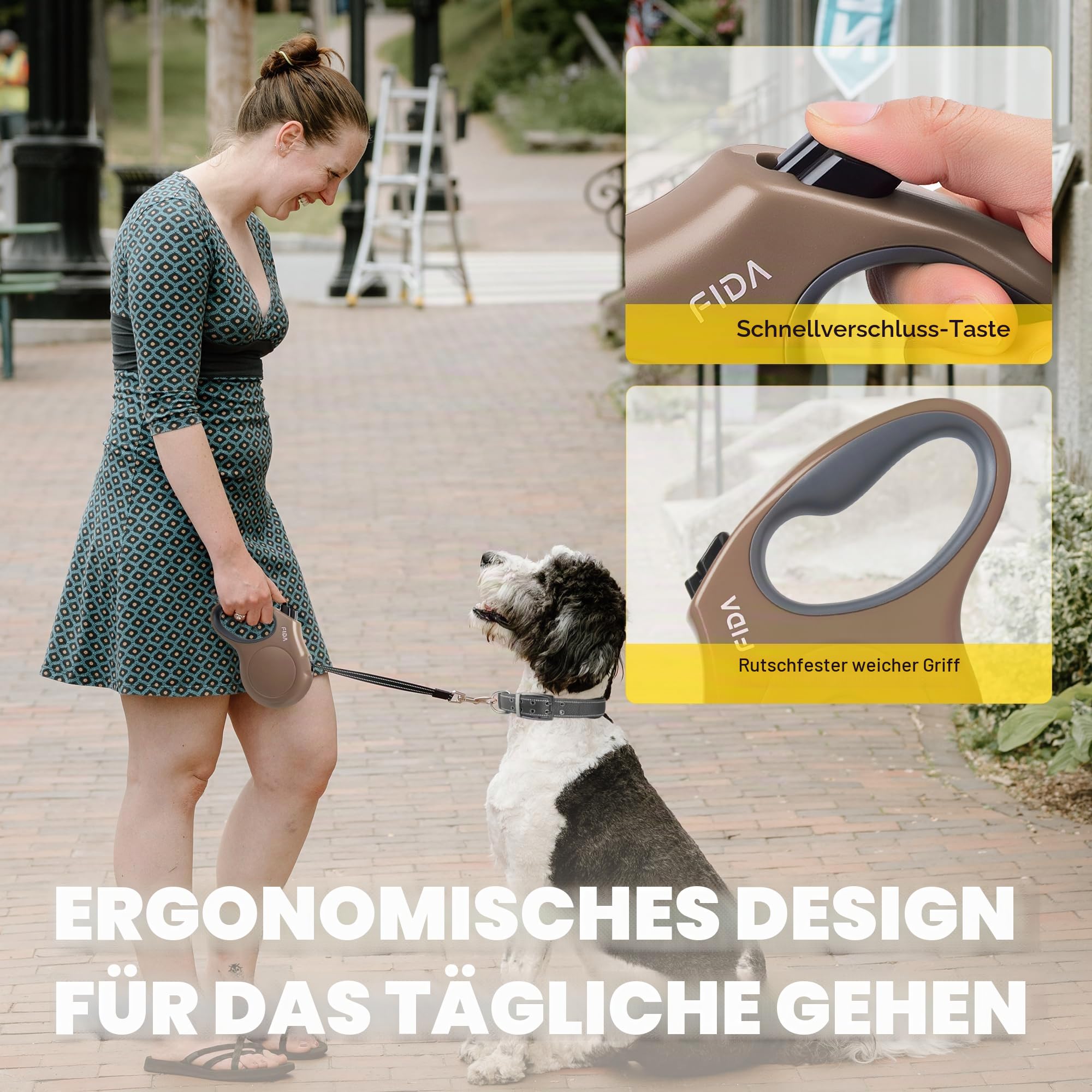 Fida Ausziehbare Hundeleine, 4,9 m, für kleine und mittelgroße Hunde bis zu 20 kg, 360° verhedderungsfrei, Kaffee/Braun