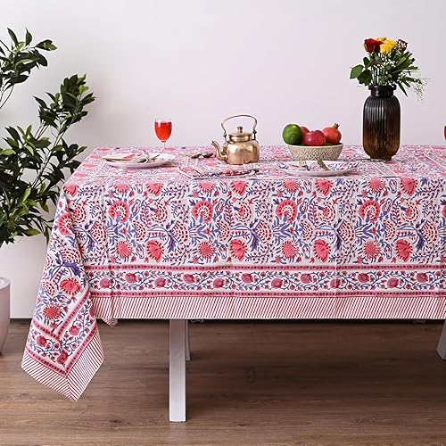 Miniatura 9 de Hand Block Printed Cotton Tablecloth – Elegant Floral Design Perfect for Dining Table Kitchen Parties Home Decor, Wall Tapestry (Peach Floral, 6