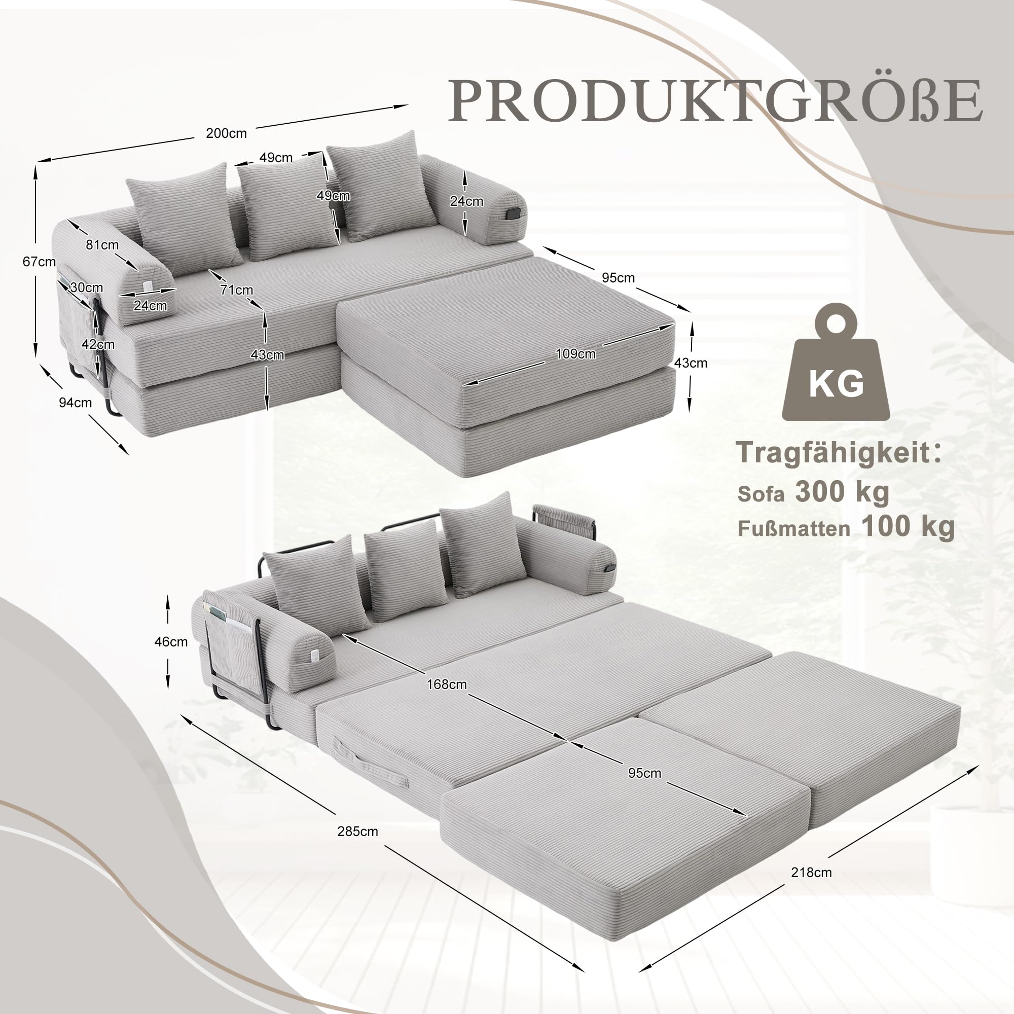 Sofá cama de compresión, 285 x 200 cm, gris claro, taburete modular