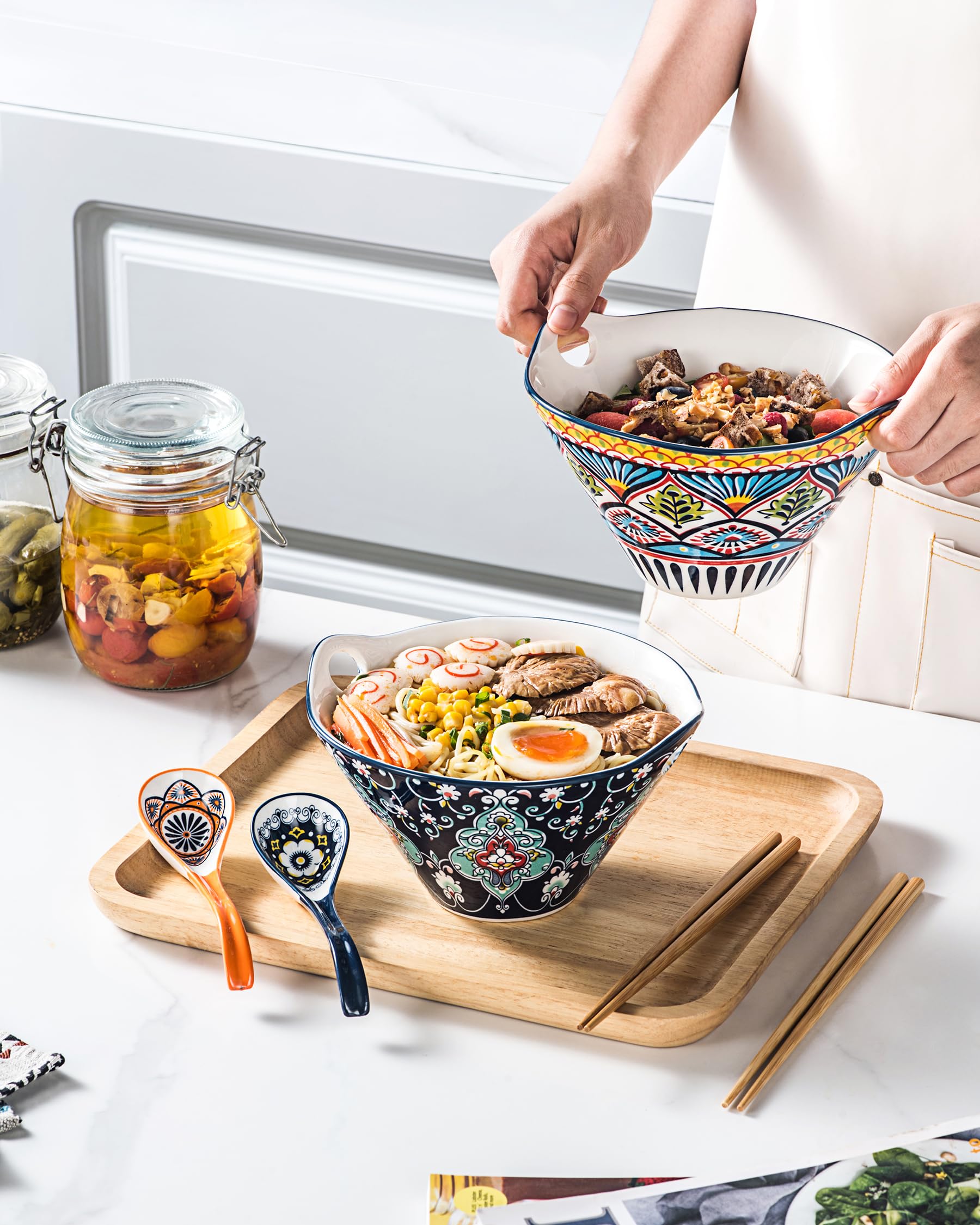 HENXFEN LEAD Set di ciotole per ramen giapponese in porcellana, 2 pezzi 780ml Ciotola per zuppa colorata con bastoncini e cucchiaio - Stile bohémien