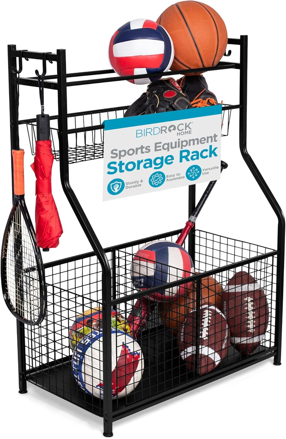 BIRDROCK HOME Sports Equipment Ball Organizer 43"H for Garage -Storage Rack - Baseball, Tennis, Football, Gym Gear - Wide Bin Basket - 4 Hooks - Kids Toy Holder - Hockey Stick Cage | Indoor - Outdoor
