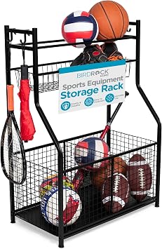 BIRDROCK HOME Sports Equipment Ball Organizer 43 "H for Garage -Storage Rack - Baseball، Tennis، Football, Gym Gear - سلة سلة واسعة - 4 خطافات - حامل لعبة أطفال - قفص عصا الهوكي | داخلي - خارجي