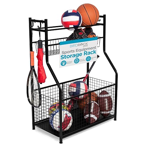 BIRDROCK HOME Sports Equipment Ball Organizer 43"H for Garage -Storage Rack - Baseball, Tennis, Football, Gym Gear - Wide Bin Basket - 4 Hooks - Kids Toy Holder - Hockey Stick Cage | Indoor - Outdoor