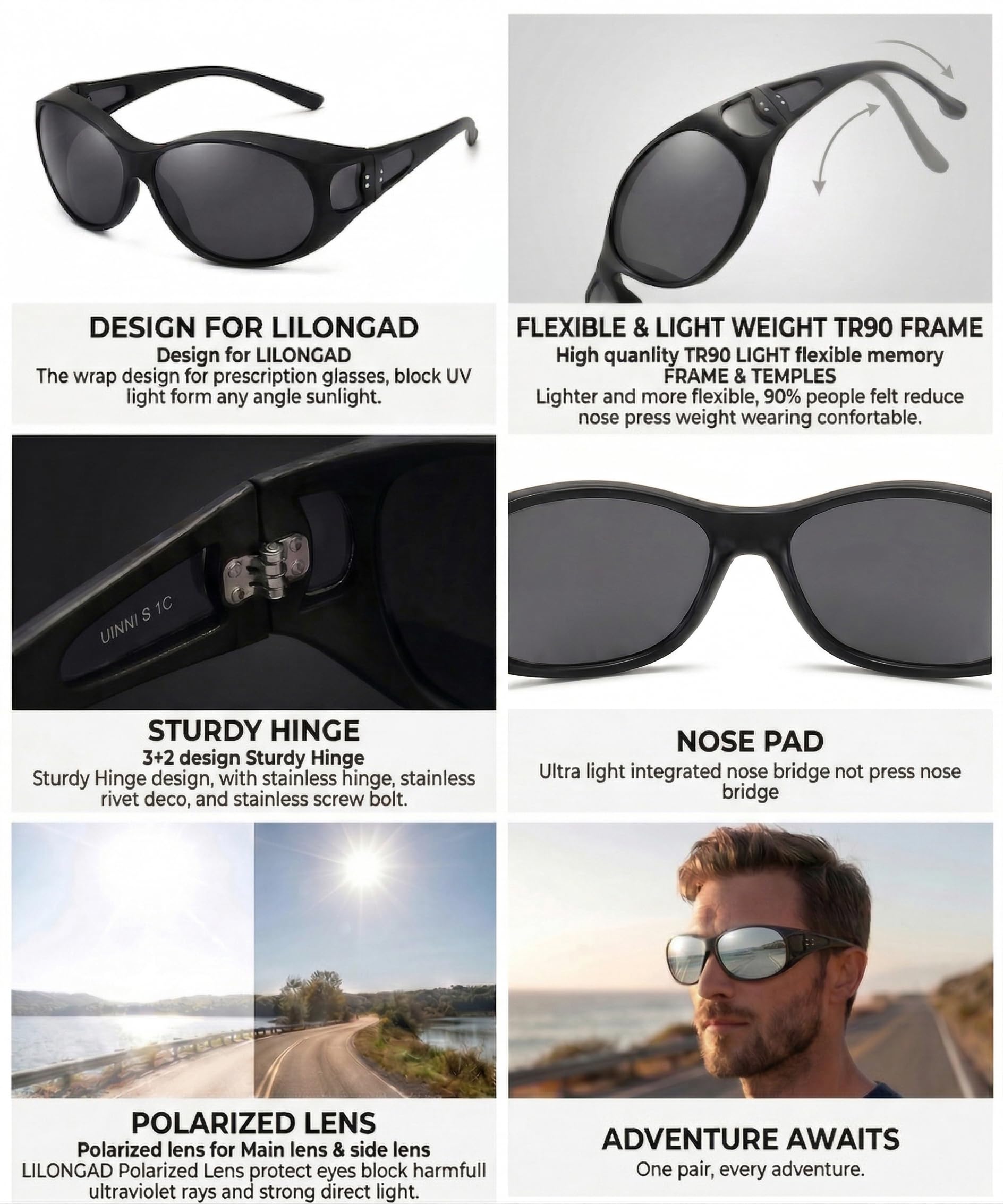 Lentes de sol polarizados que se ajustan sobre envolventes, evitan daños oculares por los rayos ultravioleta, antirreflejos, peso ligero, 100% protección UV para hombres y mujeres, espejo