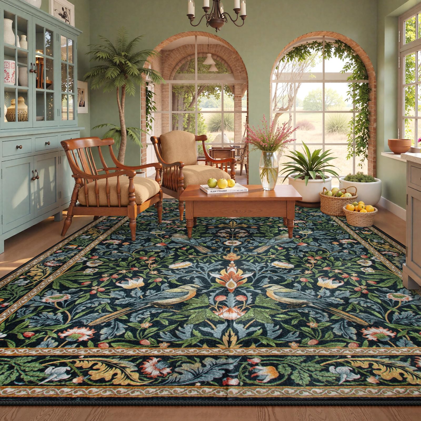 Beeiva Vintage Bird 8x10 Washable Rugs for Living Room, Botanical Non Slip Large Carpet for Bedroom, Stain Resistant Dining Room Rugs for Under Table