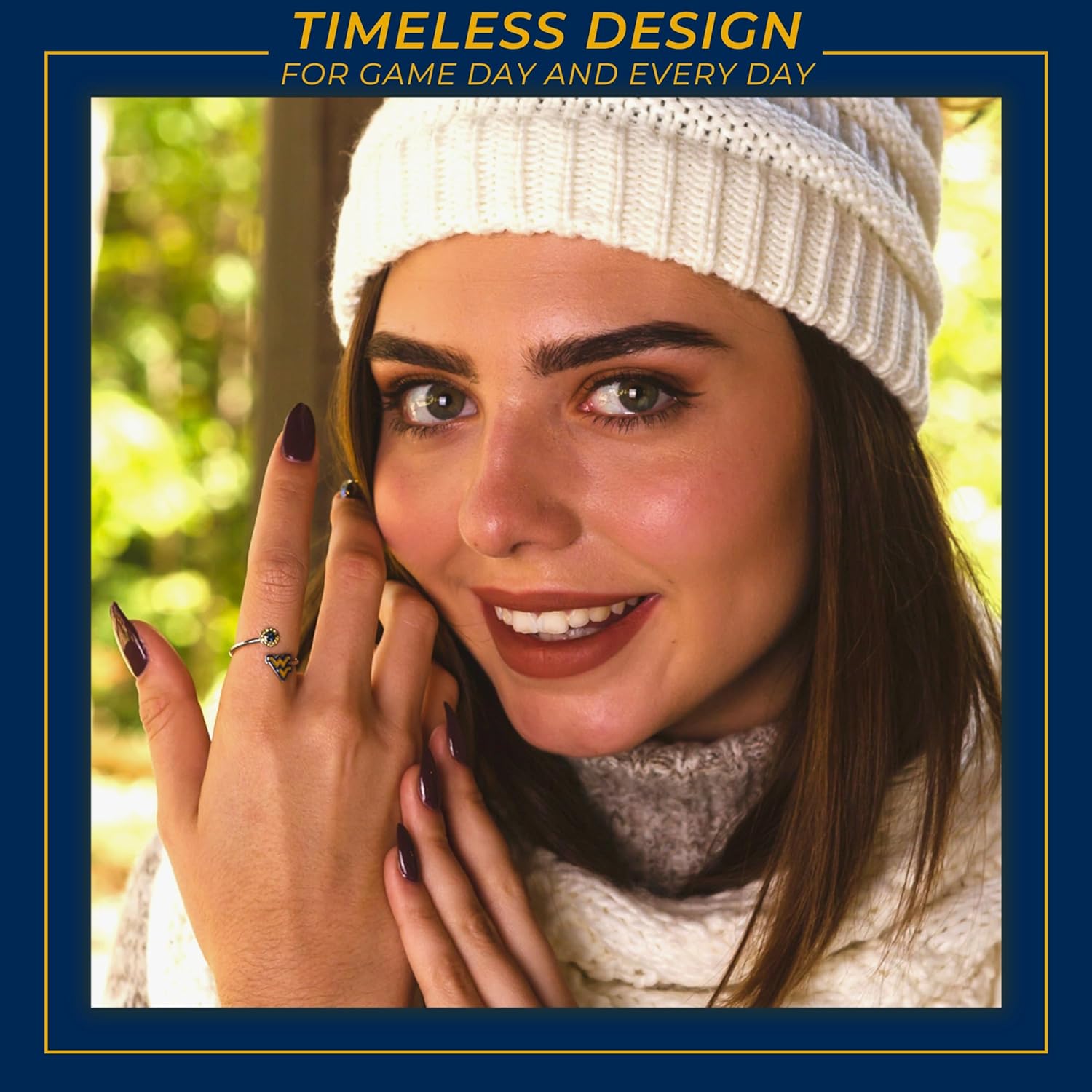 Stone Armory West Virgina Mountaineers Gifts for Women - West Virginia Logo Ring with Crystals - Hypoallergenic and Adjustable Sizes 5-12 - Womens WVU Gifts and WV Gear