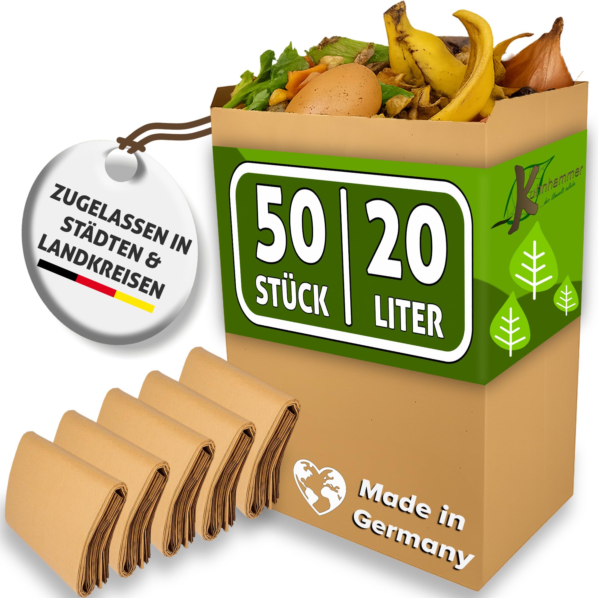 Biomüllbeutel 20L I 50Stk Bio Müllbeutel plastikfrei I Biomüllbeutel Papier nass & reißfest I Papiertüten für Biomüll I Biomülltüten Papier