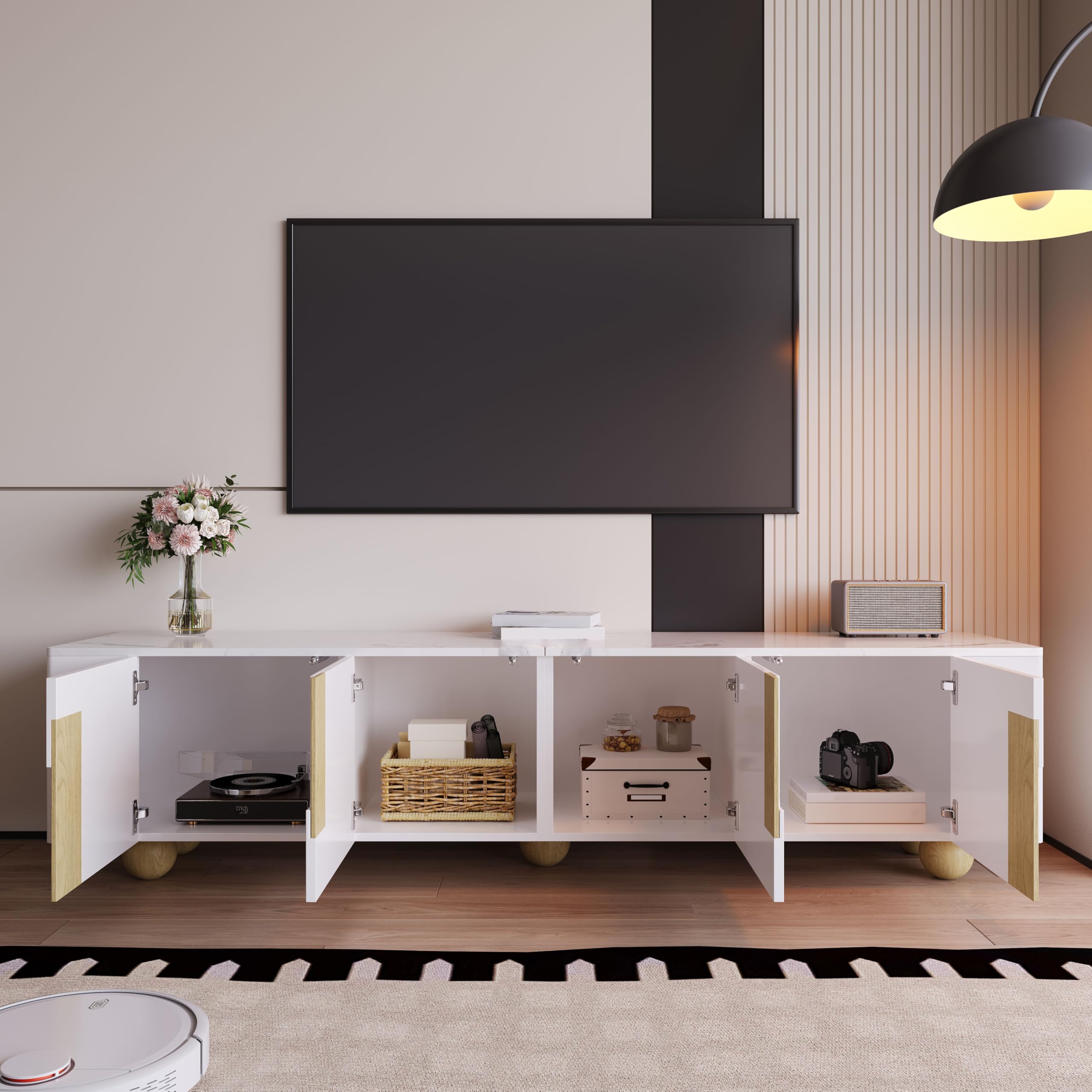 Mobile TV da 180 cm, bianco con 4 ante, design elegante, panchine per TV in superficie effetto marmo, piedini sferici in legno per soggiorno