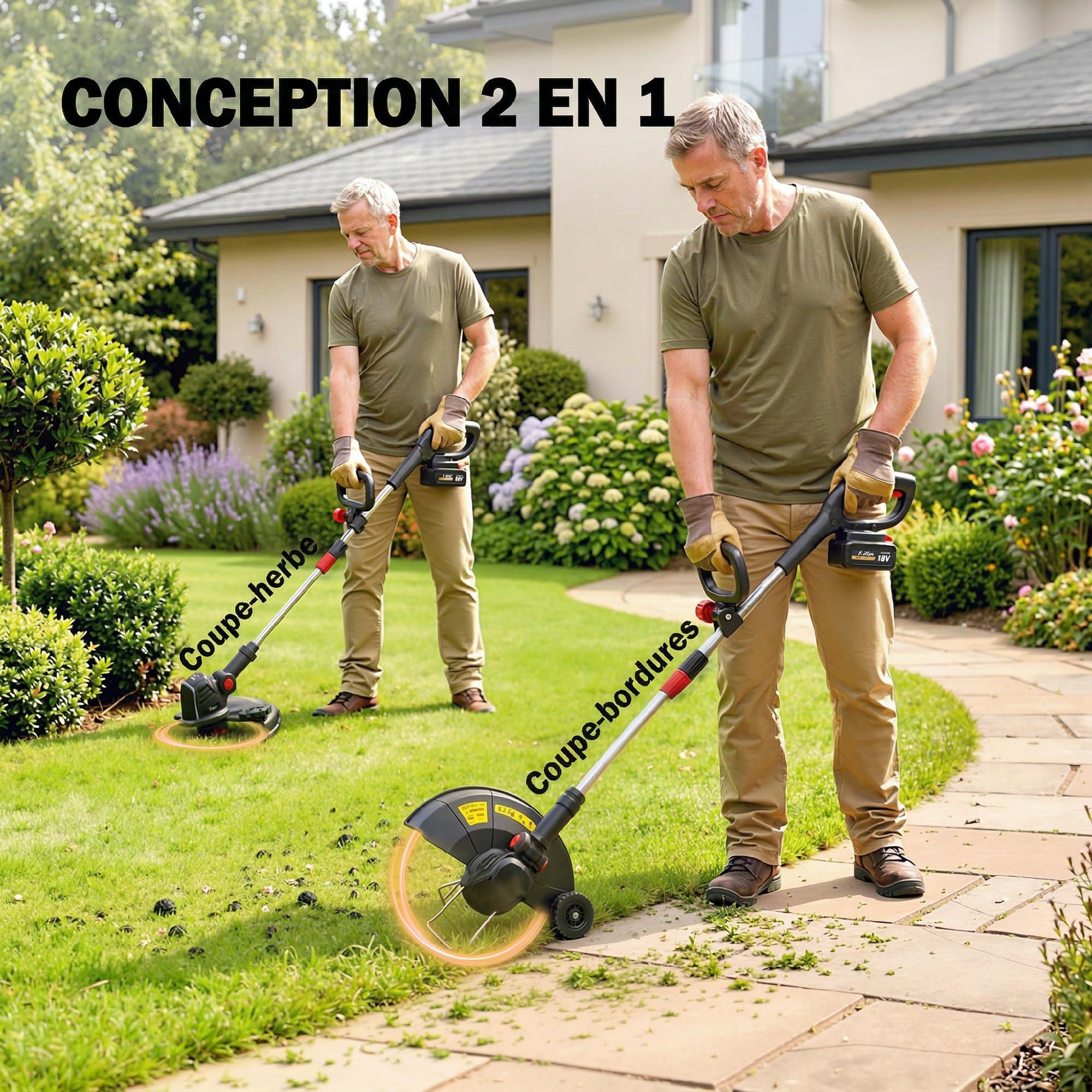 Outsunny Coupe-Bordures sans Fil 18V, 2 Batteries 4,0 Ah, Chargeur, Coupe 25 cm, Manche Télescopique, Carter protège, Tête et Poignée Réglables, Coupe-Bordures Electrique pour Jardin Pelouse, Argent