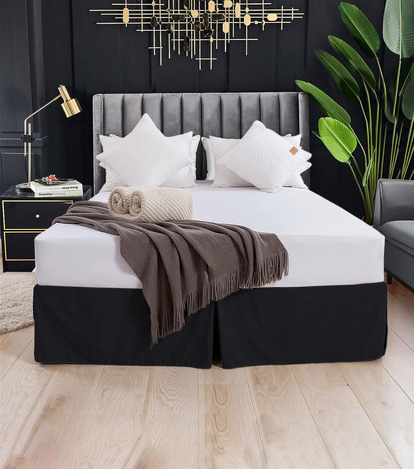 Split Corner Pleated Bed Skirts - Box Pleated Microfiber Queen Bed Skirt - Microfiber Box Pleated Bed Skirts - 13 Inch Drop Queen Pleated Bed Skirt, Black Solid