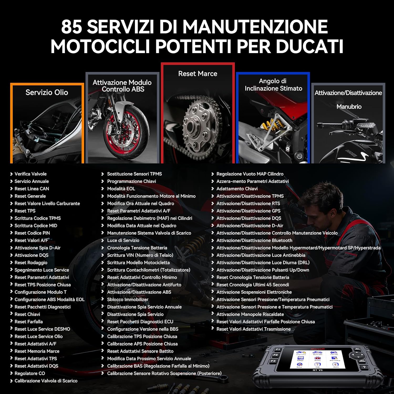 iCarsoft MT V6 Motorcycle Diagnostic Scan Tool for Ducati, All System Diagnose Motorcycle Scanner with 101 Active Tests, 85 Maintenance Services, Read/Clear Codes,Battery Test,for 99% Ducati Models