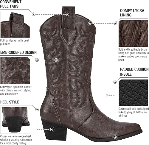 Miniatura 3 de Rollda Botas vaqueras occidentales para mujer con punta puntiaguda, botas vaqueras de media pantorrilla, botas de moda bordadas con tacón grueso,