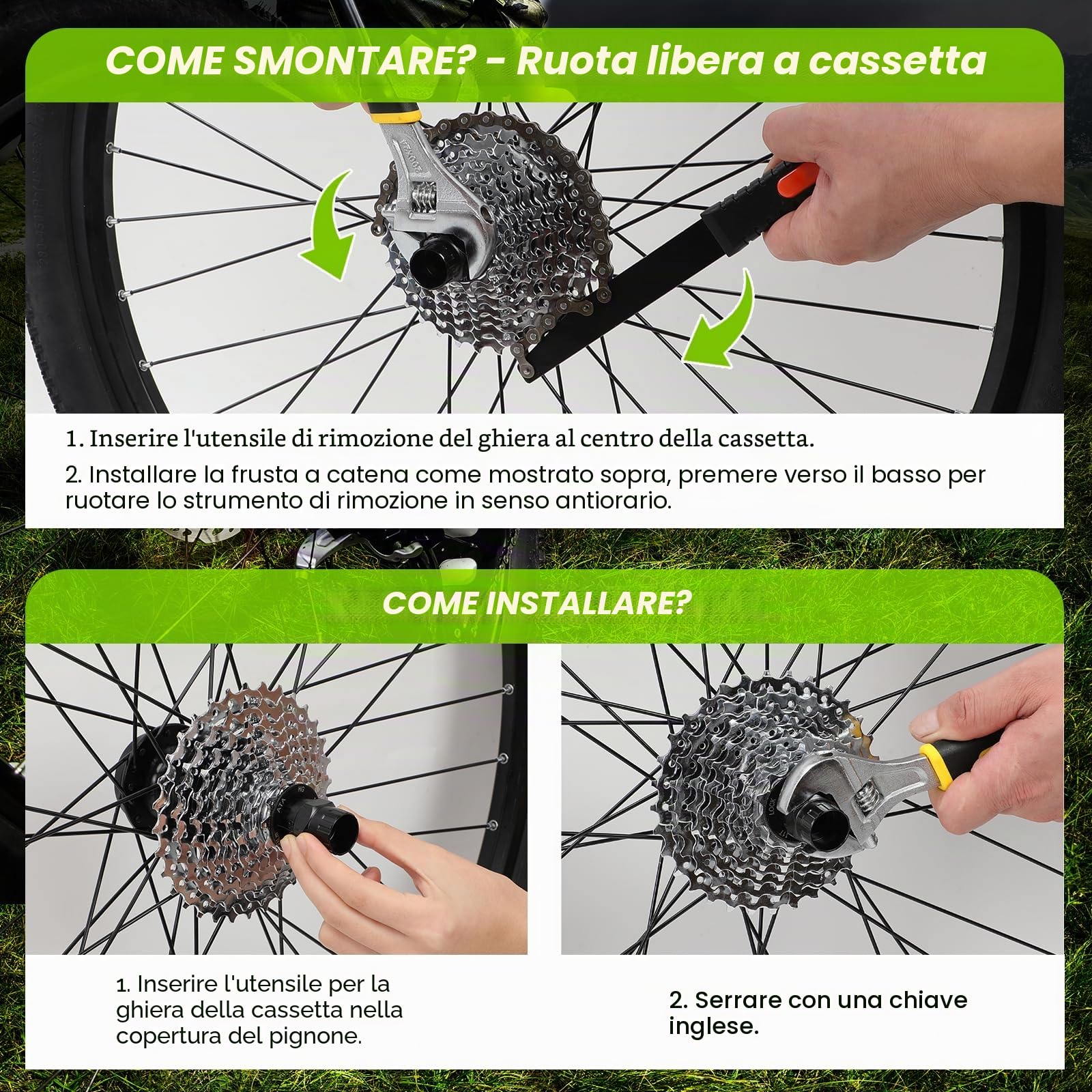 Kit Attrezzi Bici, Chiave a Frusta con Bici Chiave Pacco Pignoni, Kit Catena Bici Frusta per Catena Freewheel Removal Tool