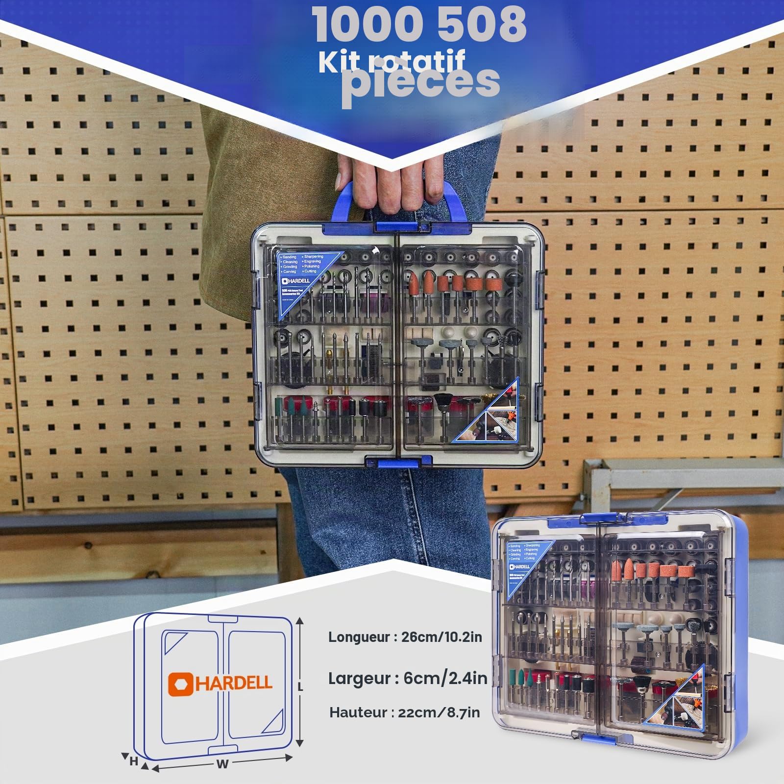 HARDELL Kit de 508 pièces pour outil rotatif, compatible Dremel. Accessoires de 1/8" (3,2 mm) pour poncer, percer, polir, tailler et graver. Polyvalent et complet ! (Cadeau bleu foncé)