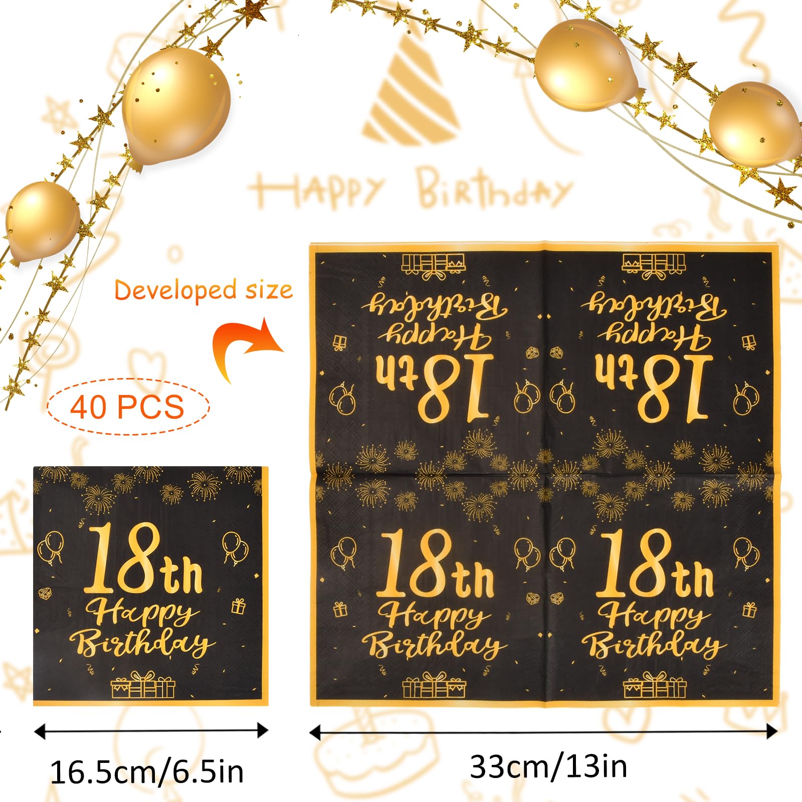 40 Tovaglioli Di Carta Decorativi Per 60° Compleanno - Tema Nero E Oro Con Scritta "Happy Birthday"