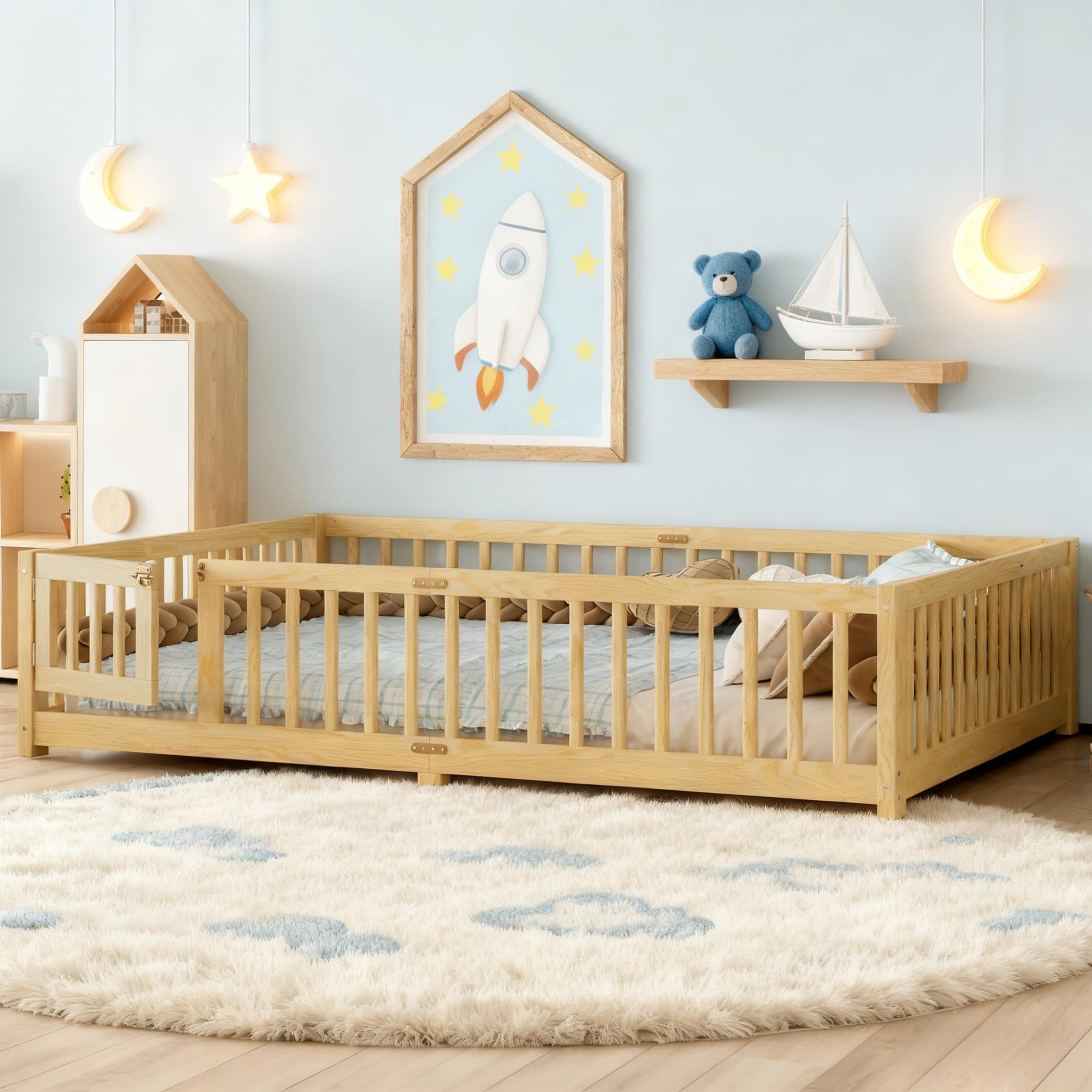 Queen Size Floor Bed with Door and Support Slats, Wood Kids Floor Bed with Full-length Guardrails, Montessori Floor Bed Frame for Kids, Boys, Girls,